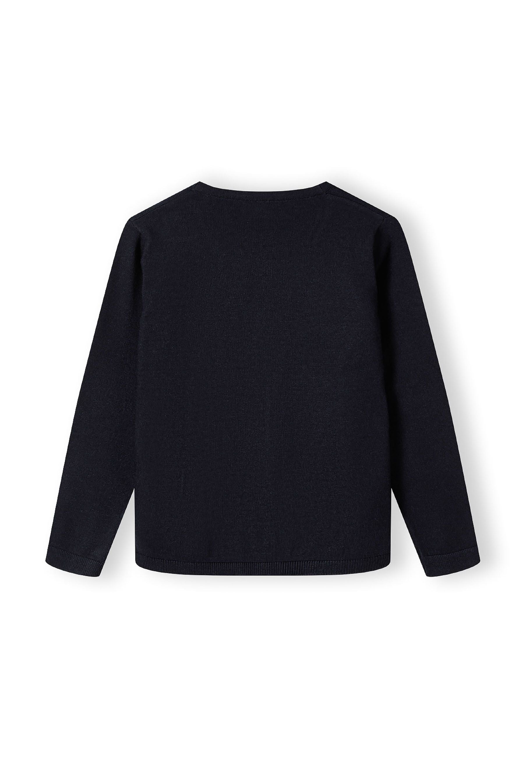 Boys fine knit cardigan, navy, back view, ribbed hem and cuffs.