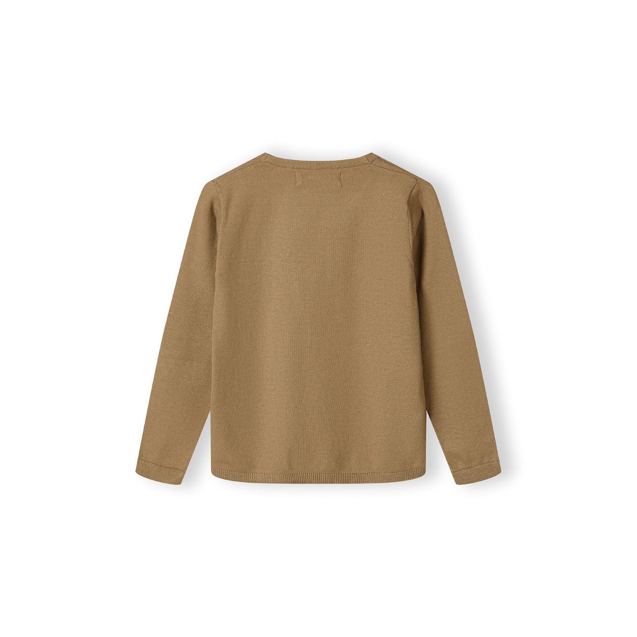 Back view of beige cardigan showing ribbed texture and clean construction details on white studio background