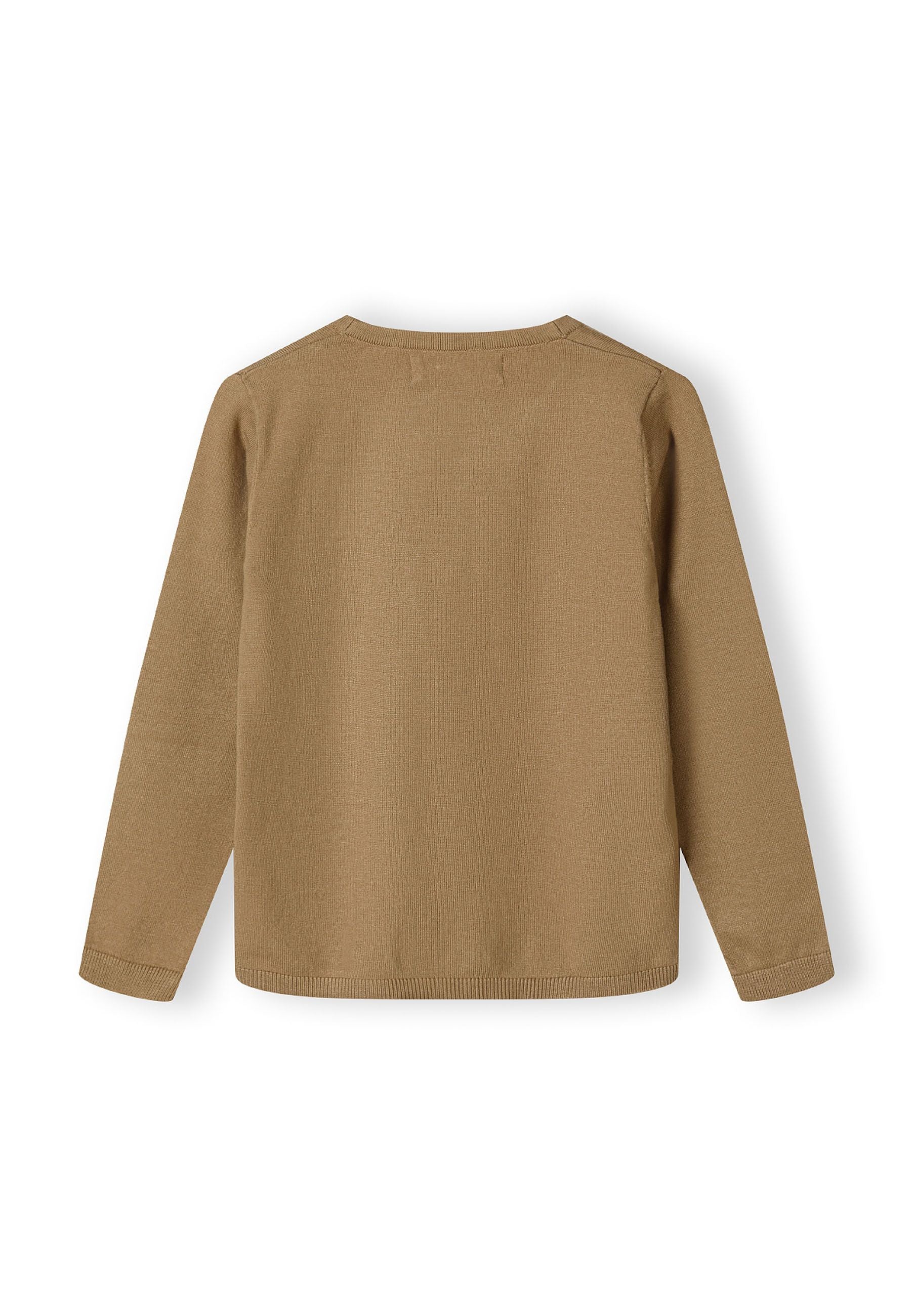 Boys fine knit cardigan, beige, back view, ribbed trims.
