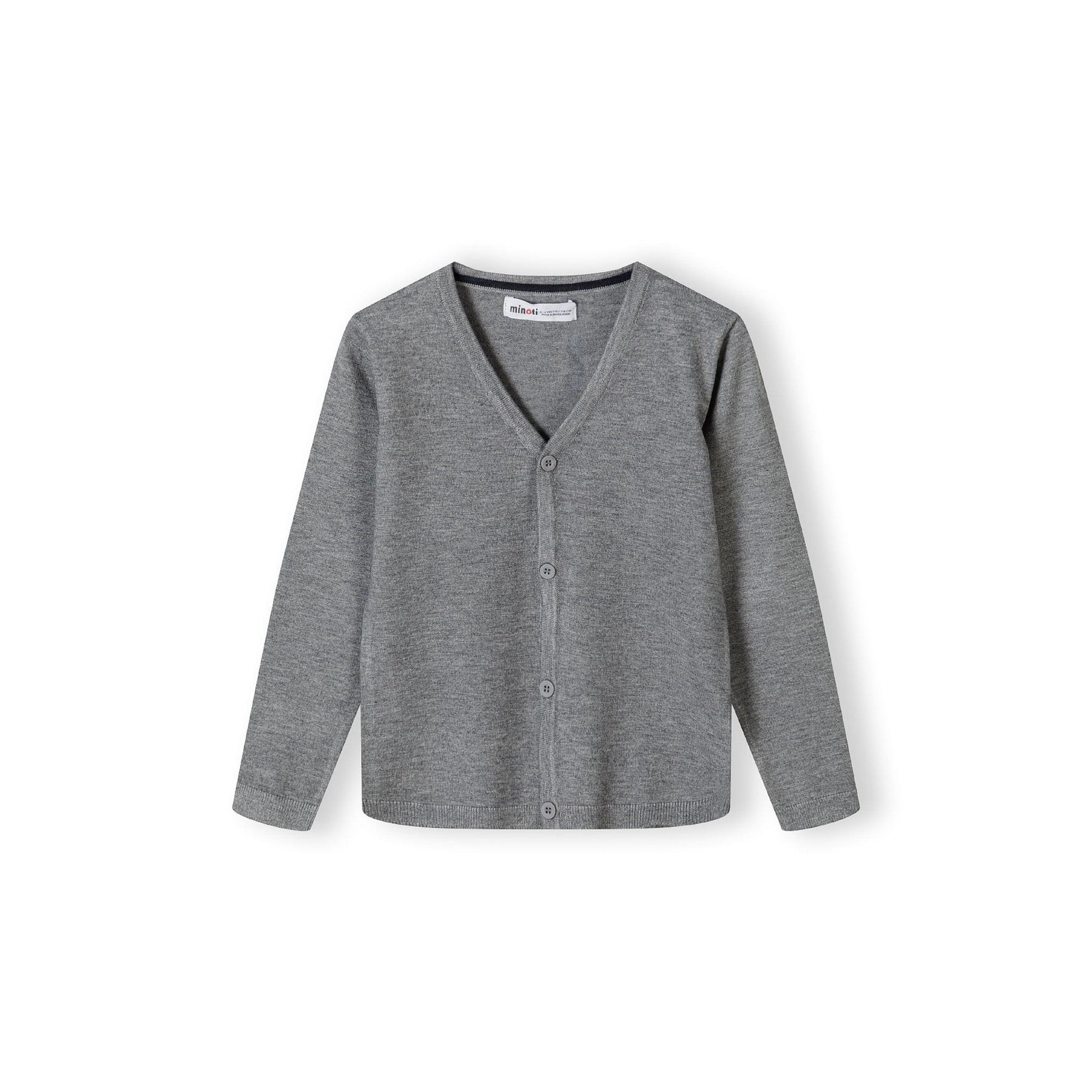 Grey fine knit cardigan laid flat showing back view with ribbed neckline and long sleeves against white background
