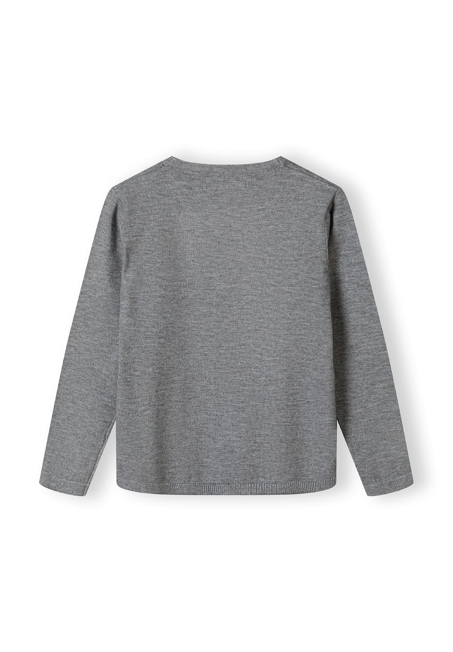 Boys grey fine knit cardigan, back view with long sleeves and ribbed hem.