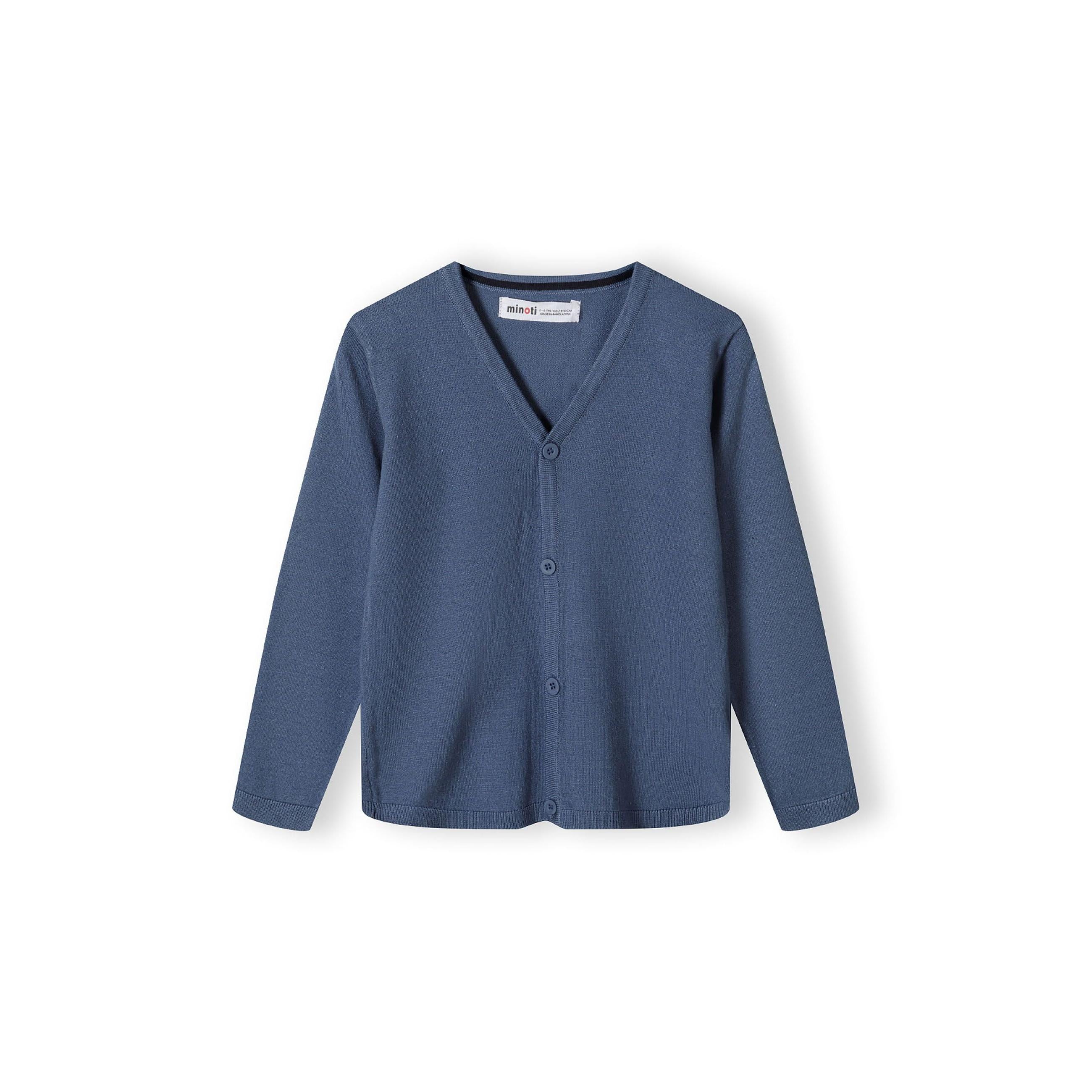 Blue cardigan laid flat showing back view with fine knit texture and long sleeves against clean white background
