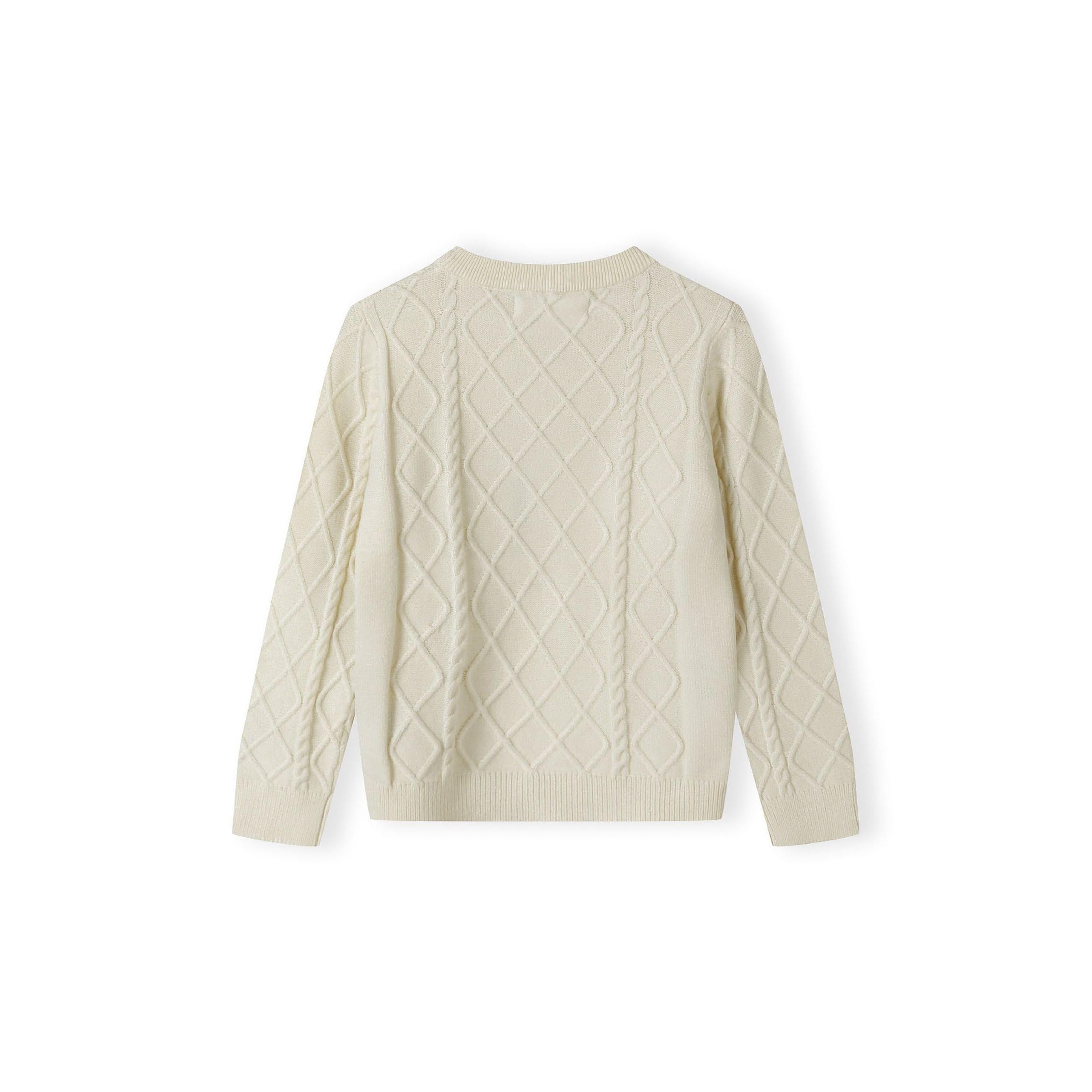 Cream cable knit jumper laid flat showing diamond and cable pattern texture, back view on white background