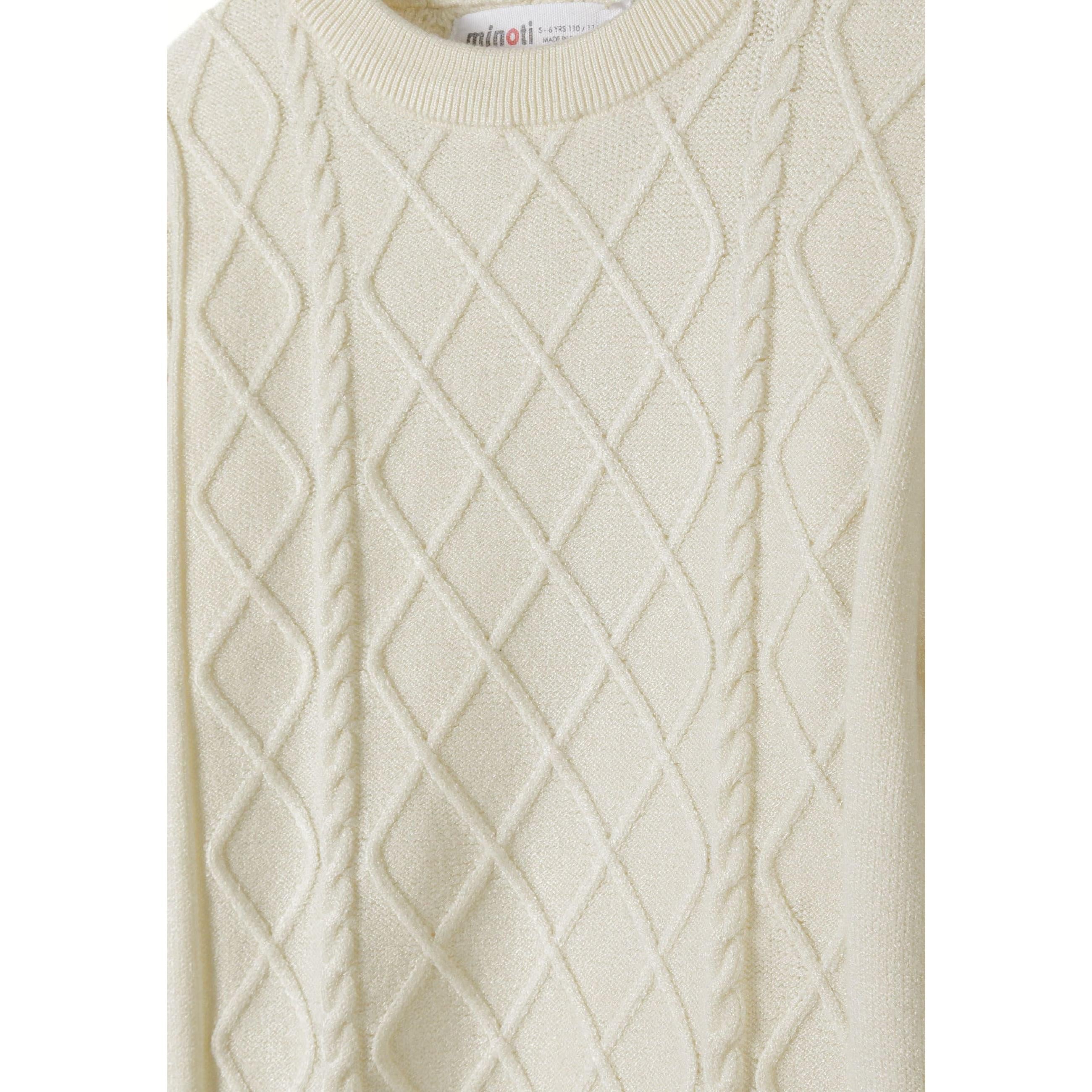 Close-up detail of cream cable knit jumper showing diamond texture pattern and crew neck collar with Minoti label