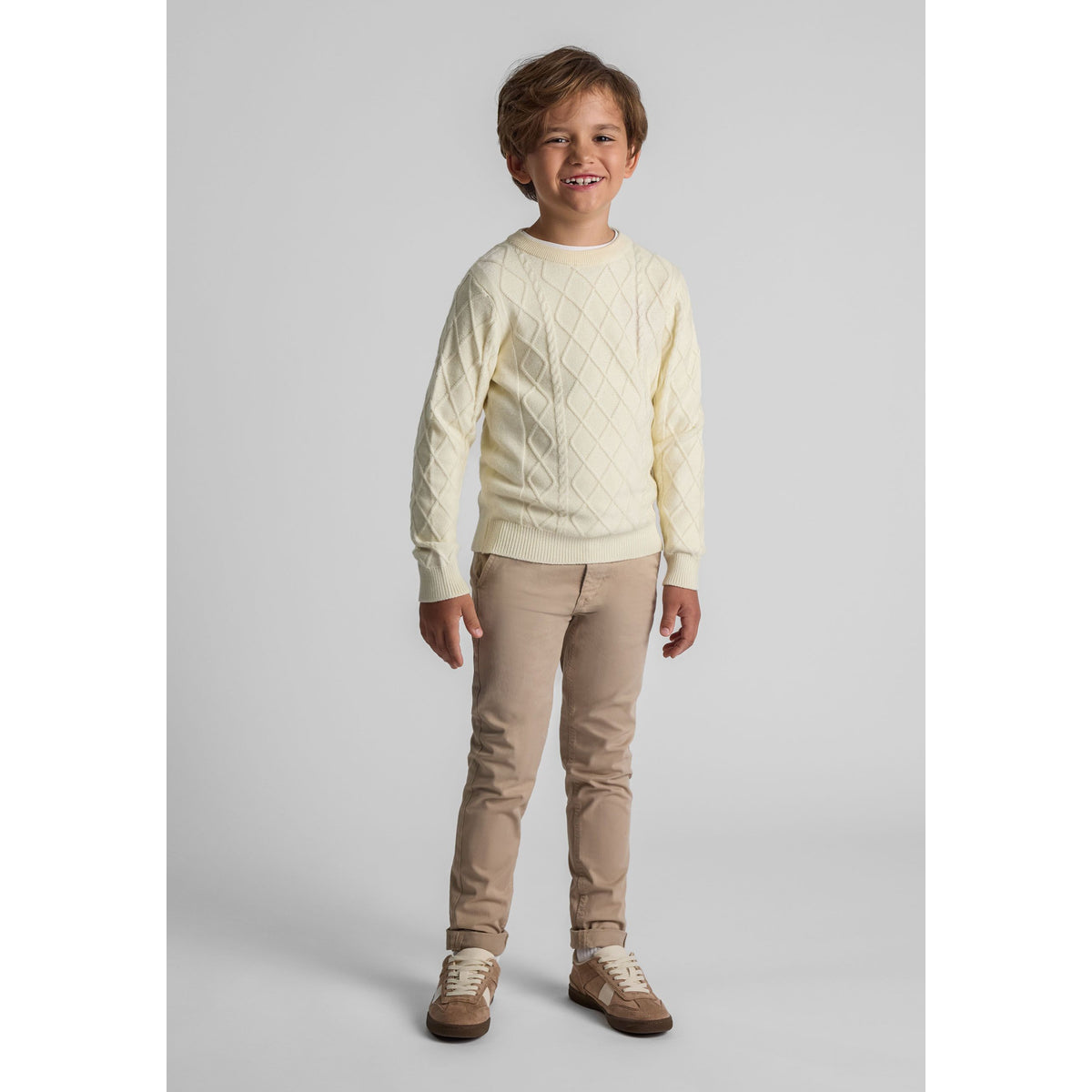 Boys' cable knit jumper in cream — complete product view for square Shop card