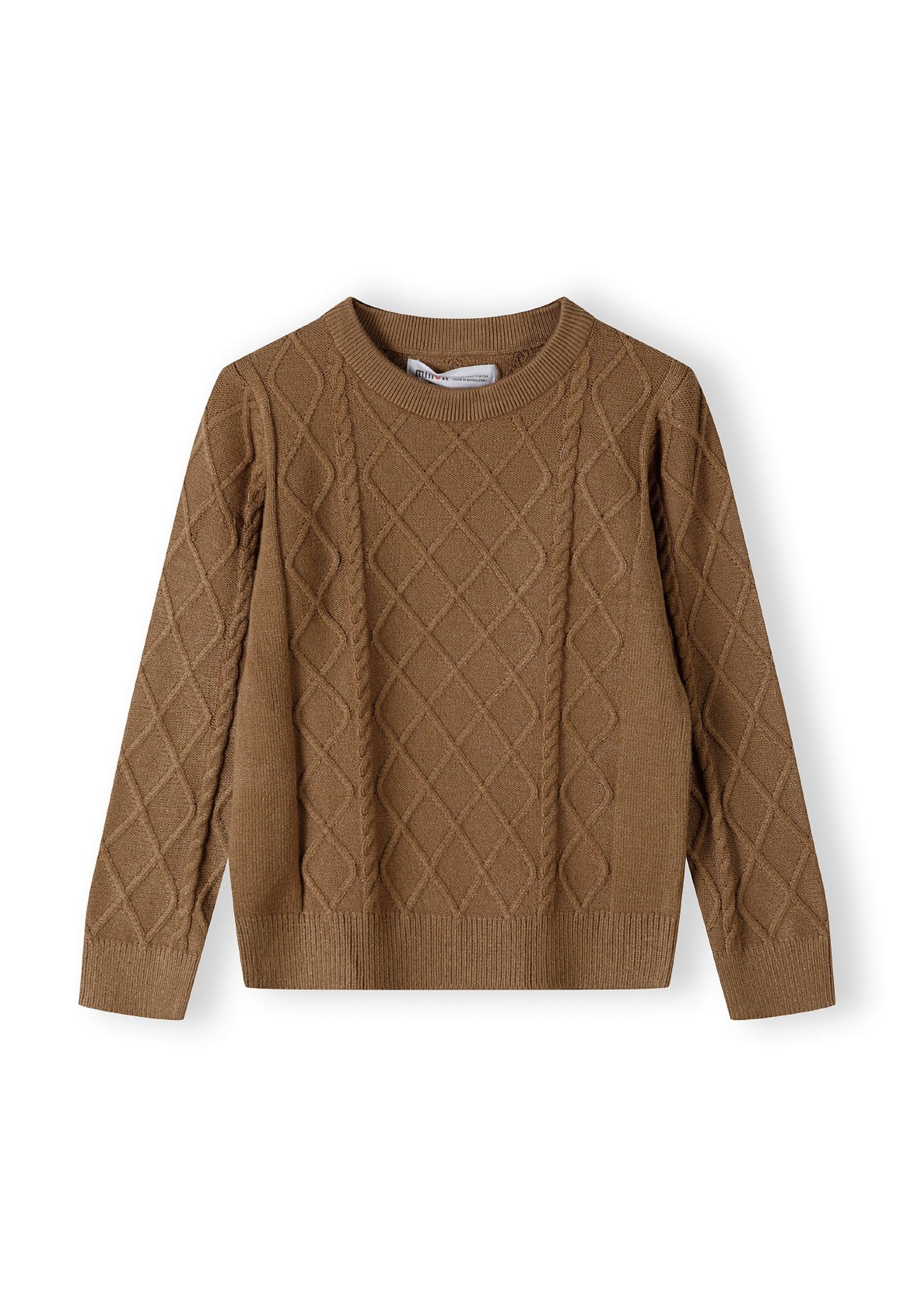 Boys brown cable knit sweater, crew neck, featuring ribbed trims.