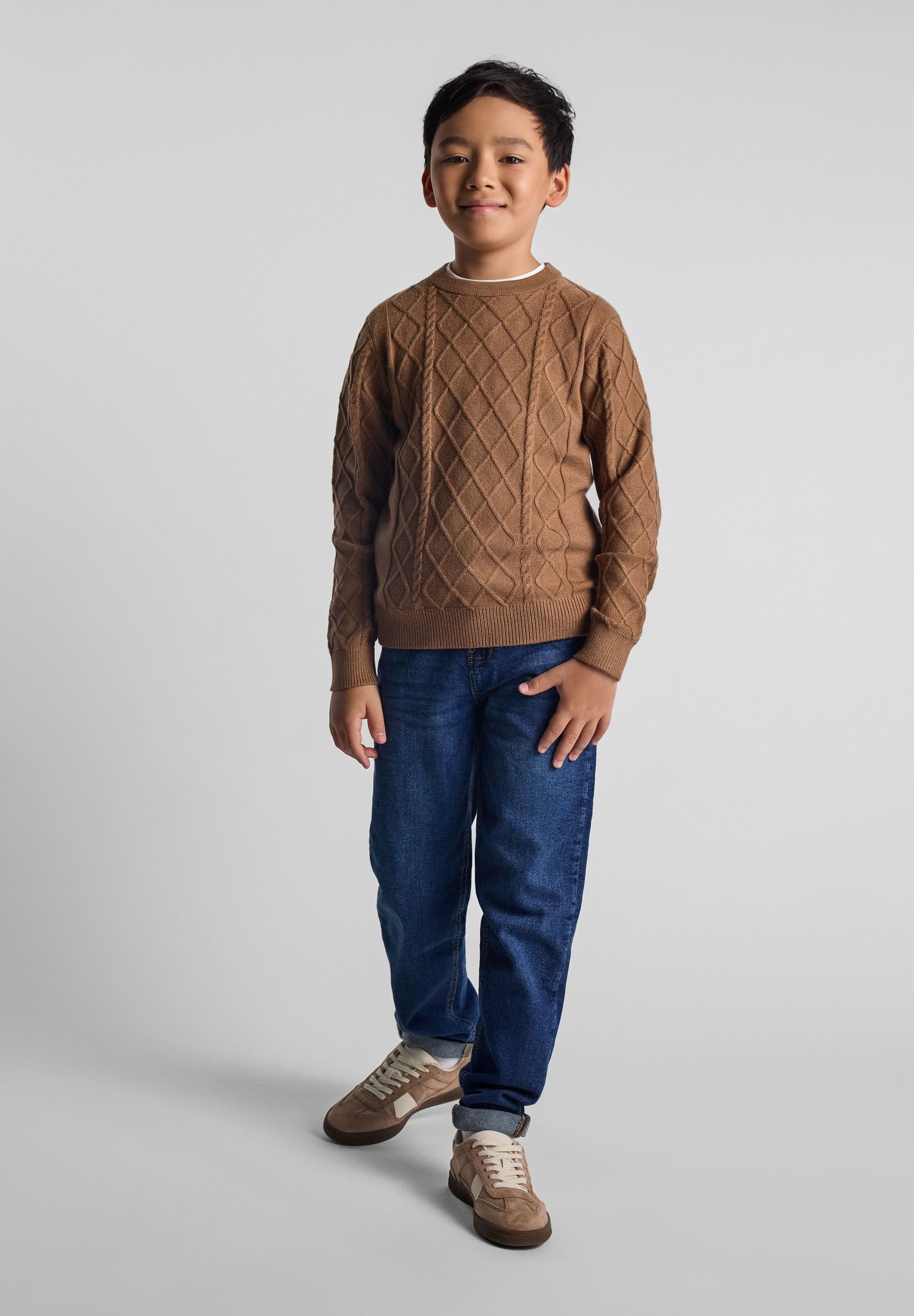 Boys brown cable knit crew neck sweater, front view, featuring a raised diamond pattern.