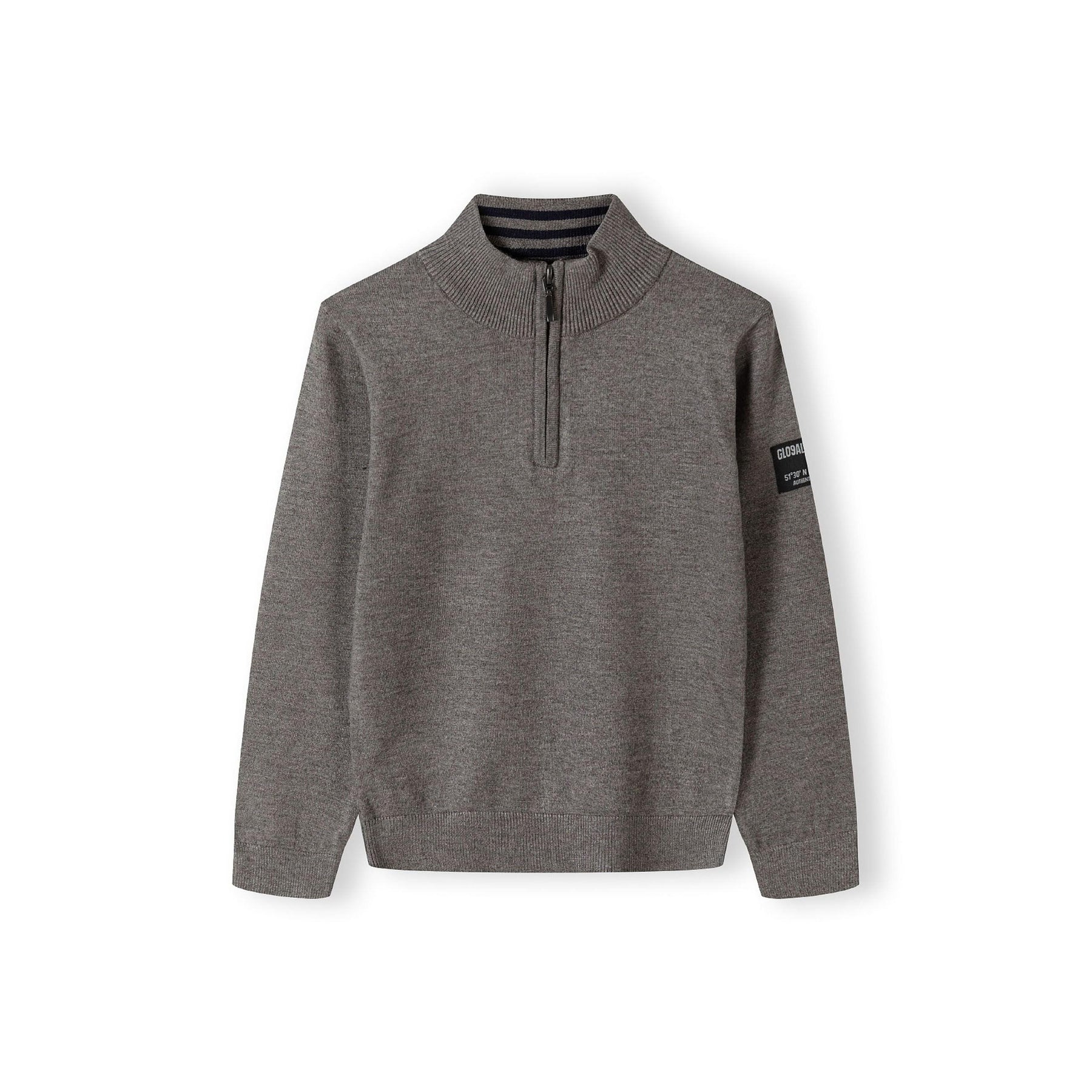Front view of grey half zip jumper with stand collar and zip closure, showing ribbed details and arm badge