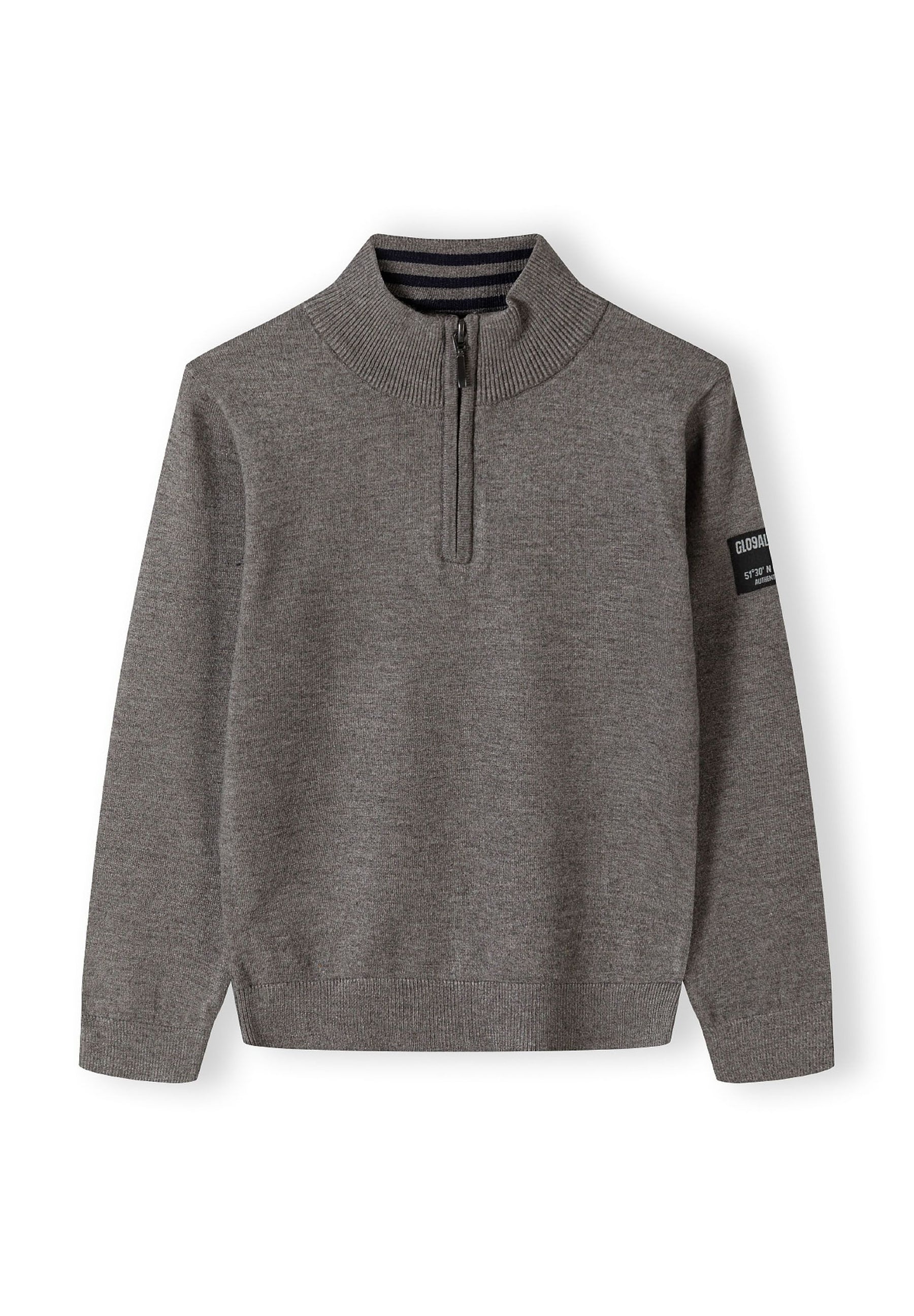 Boys half zip jumper in grey, front view with stand collar and ribbed cuffs.