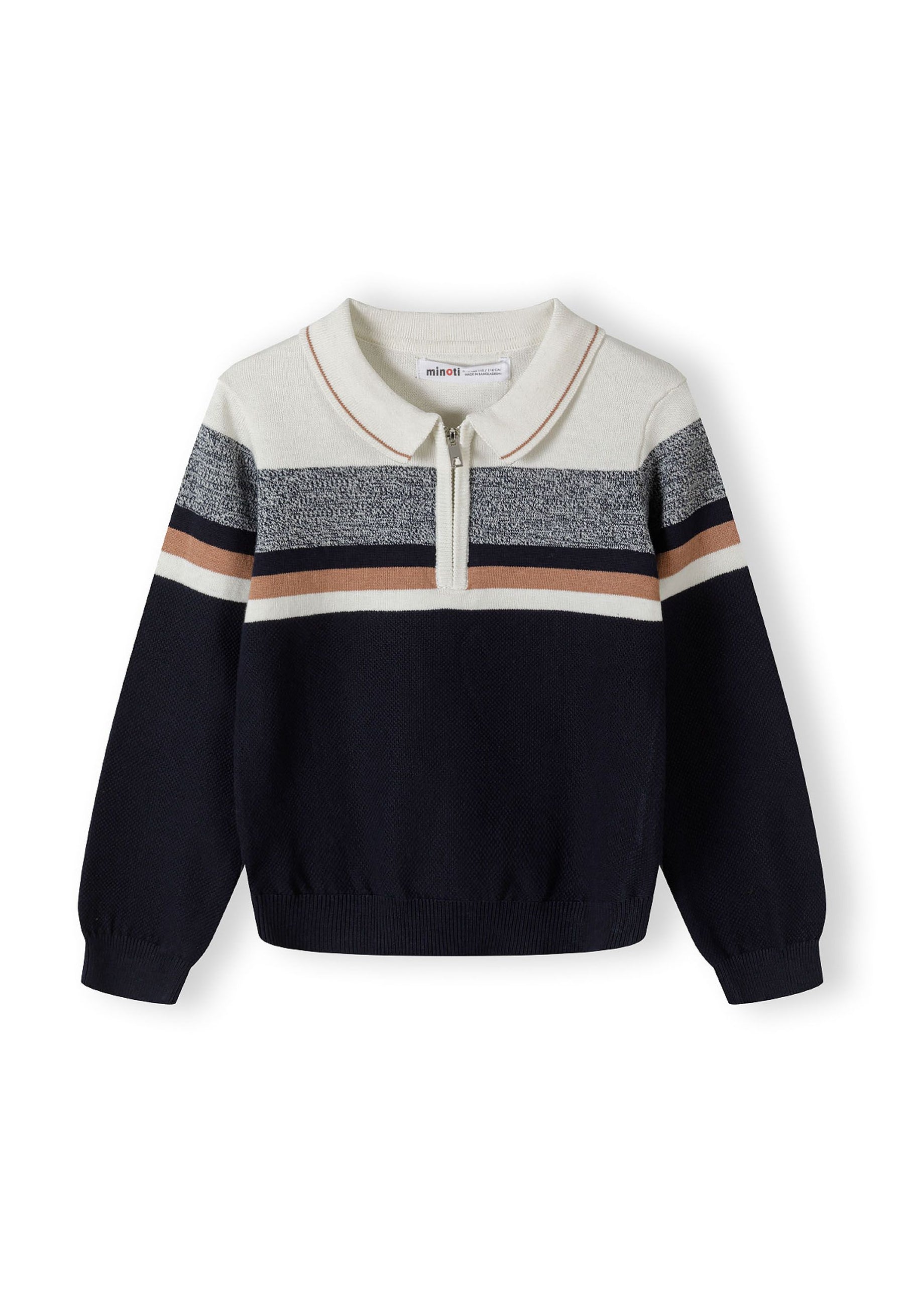 Boys cream polo-style sweater with quarter zip and striped detailing, front view.