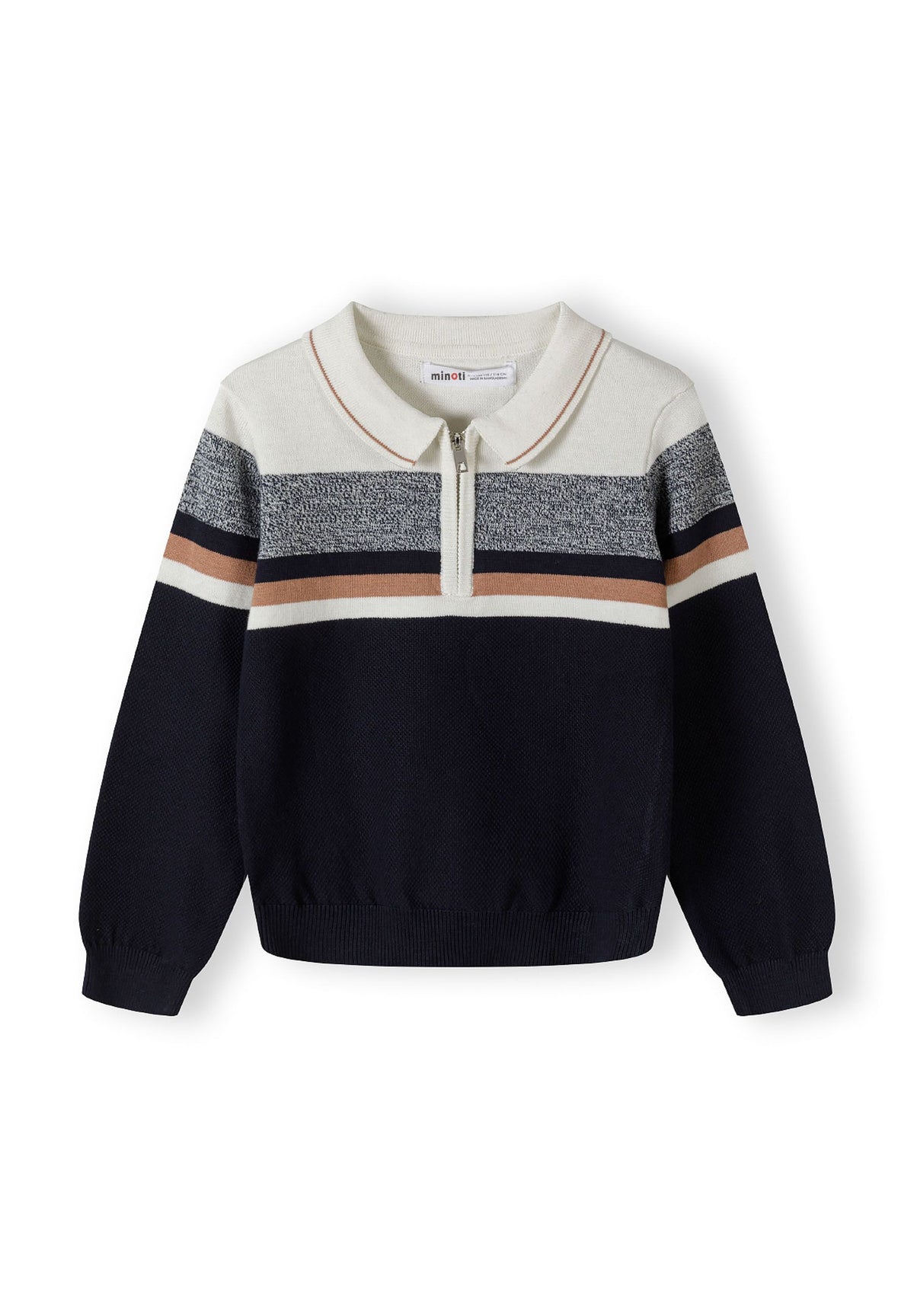 Navy, cream, grey and brown quarter-zip collared jumper, front.