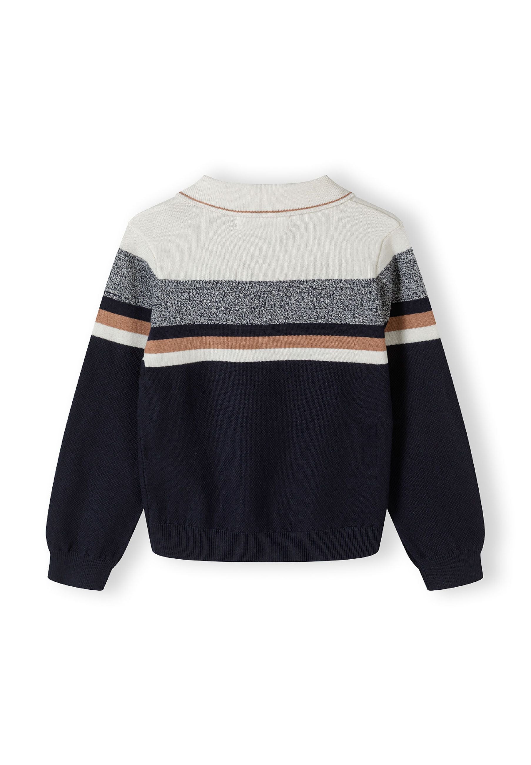 Boys cream sweater with striped back, polo collar and zip, back view.