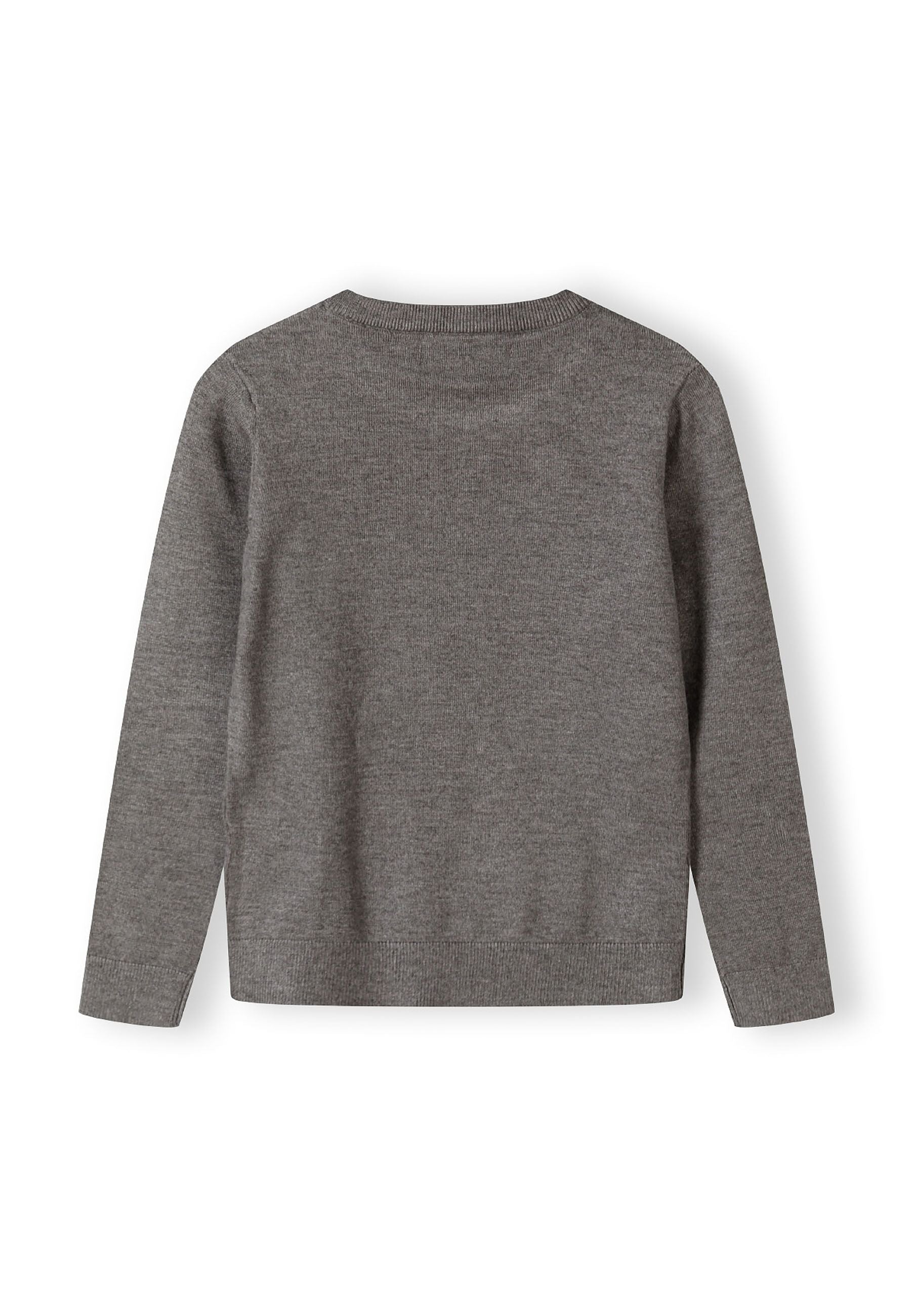 Boys grey fine knit jumper, back view with ribbed trims.