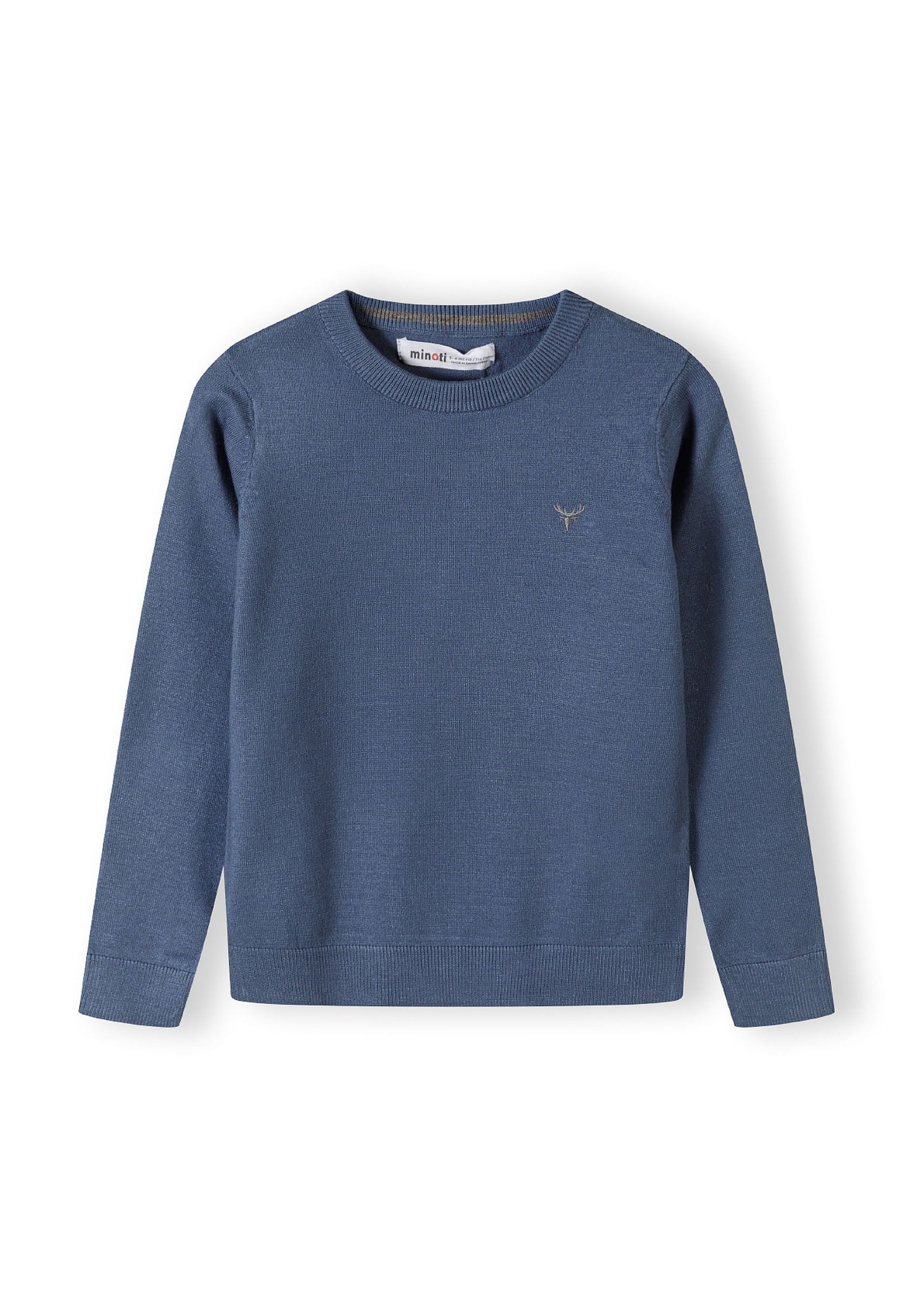 Boys fine knit jumper in blue, front view with embroidered logo on chest.