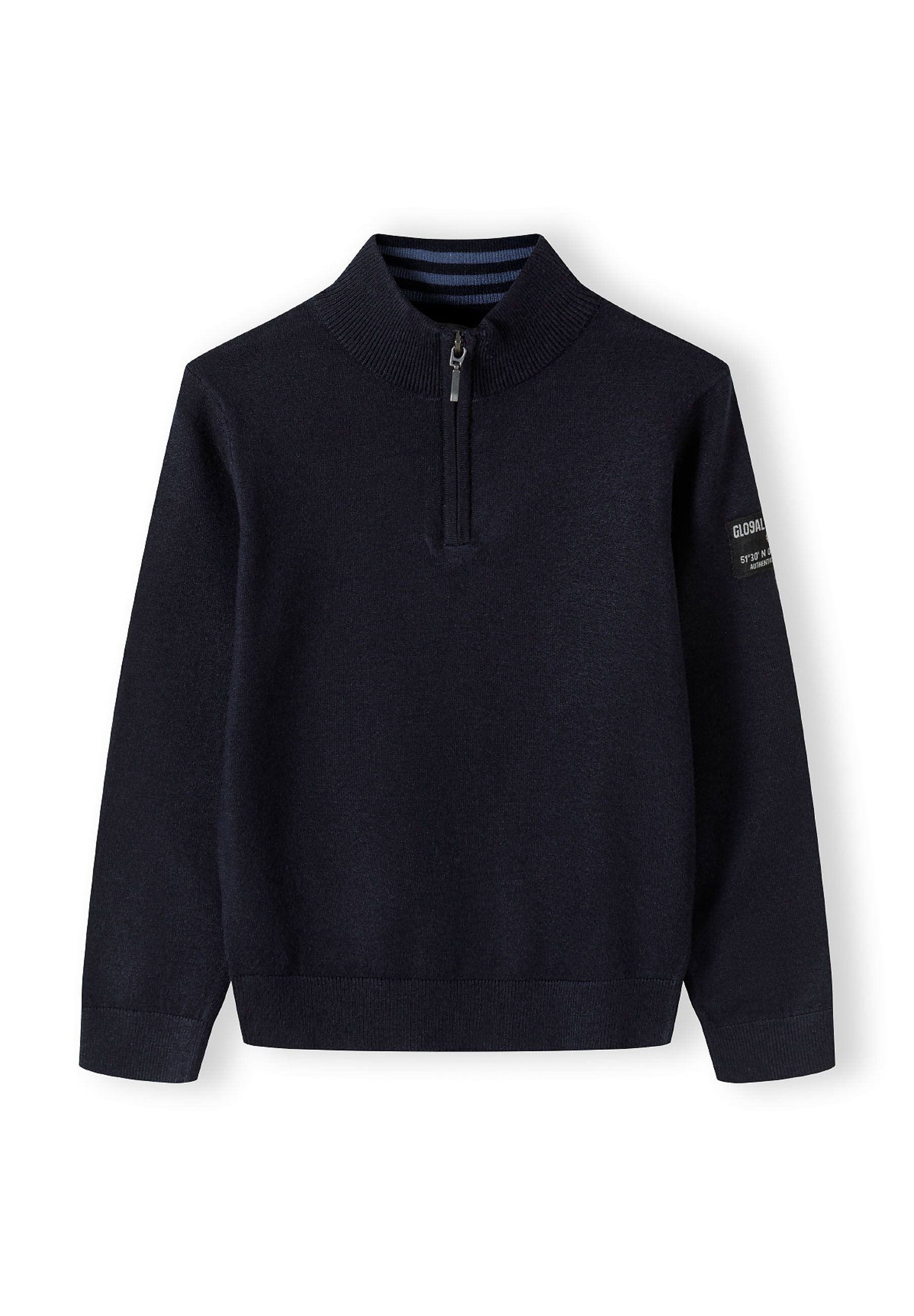 Boys half zip jumper in navy with stand collar and ribbed cuffs, front view.