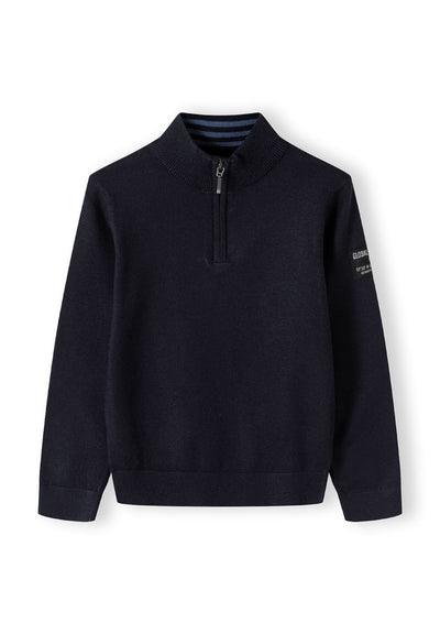 Boys half zip jumper in navy with stand collar and ribbed cuffs, front view.