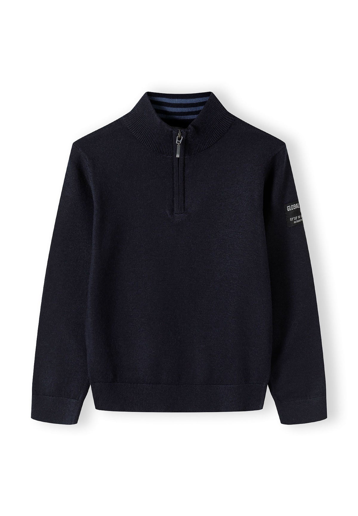 Navy quarter-zip jumper, front.