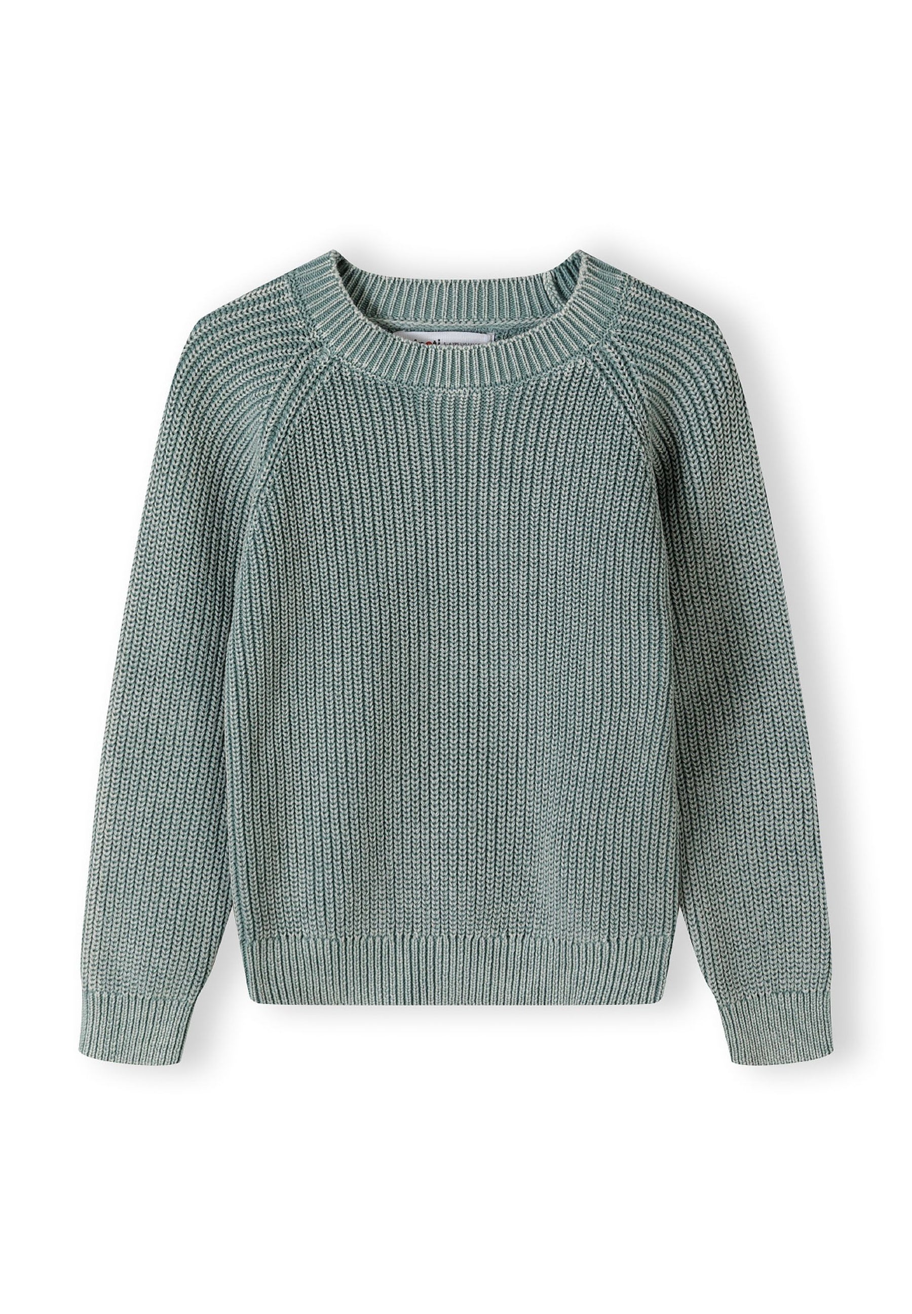 Boys khaki cotton jumper, front view, with ribbed cuffs and crew neckline.