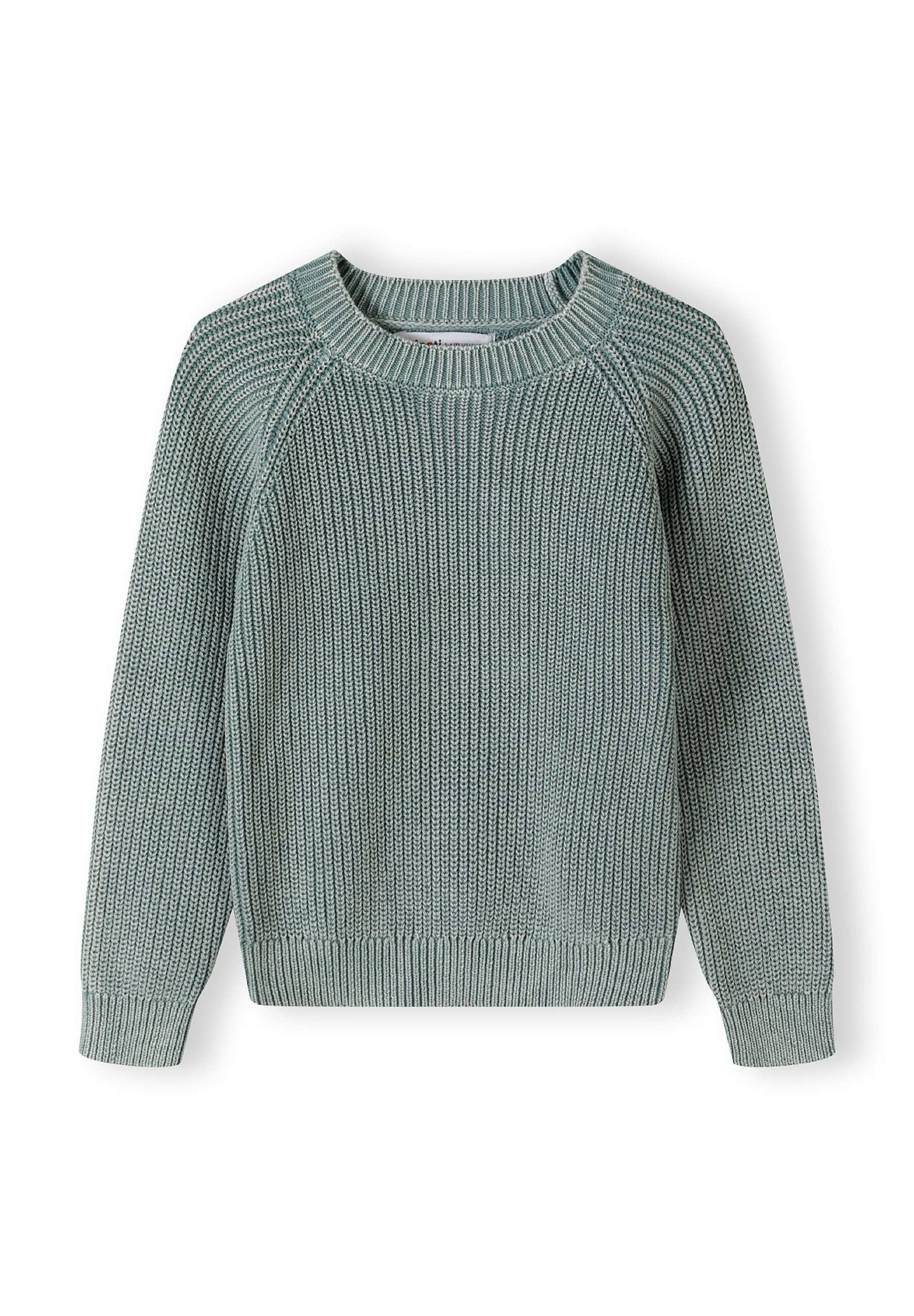 Boys khaki cotton jumper, front view, with ribbed cuffs and crew neckline.