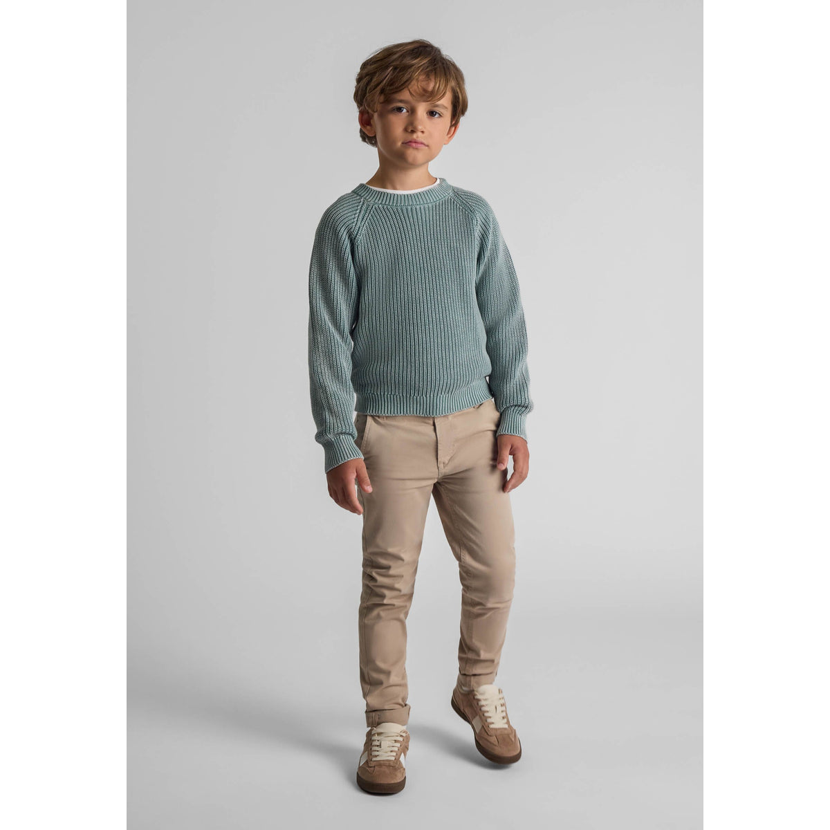 Boys' ribbed jumper in sage green — complete product view for square Shop card