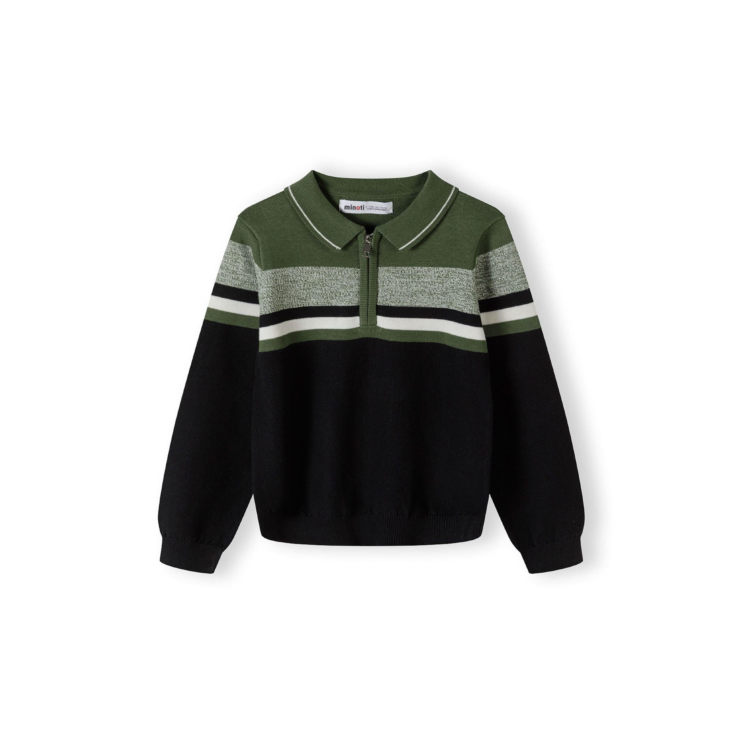 Back view of khaki striped polo jumper showing horizontal stripe pattern and ribbed construction on white background