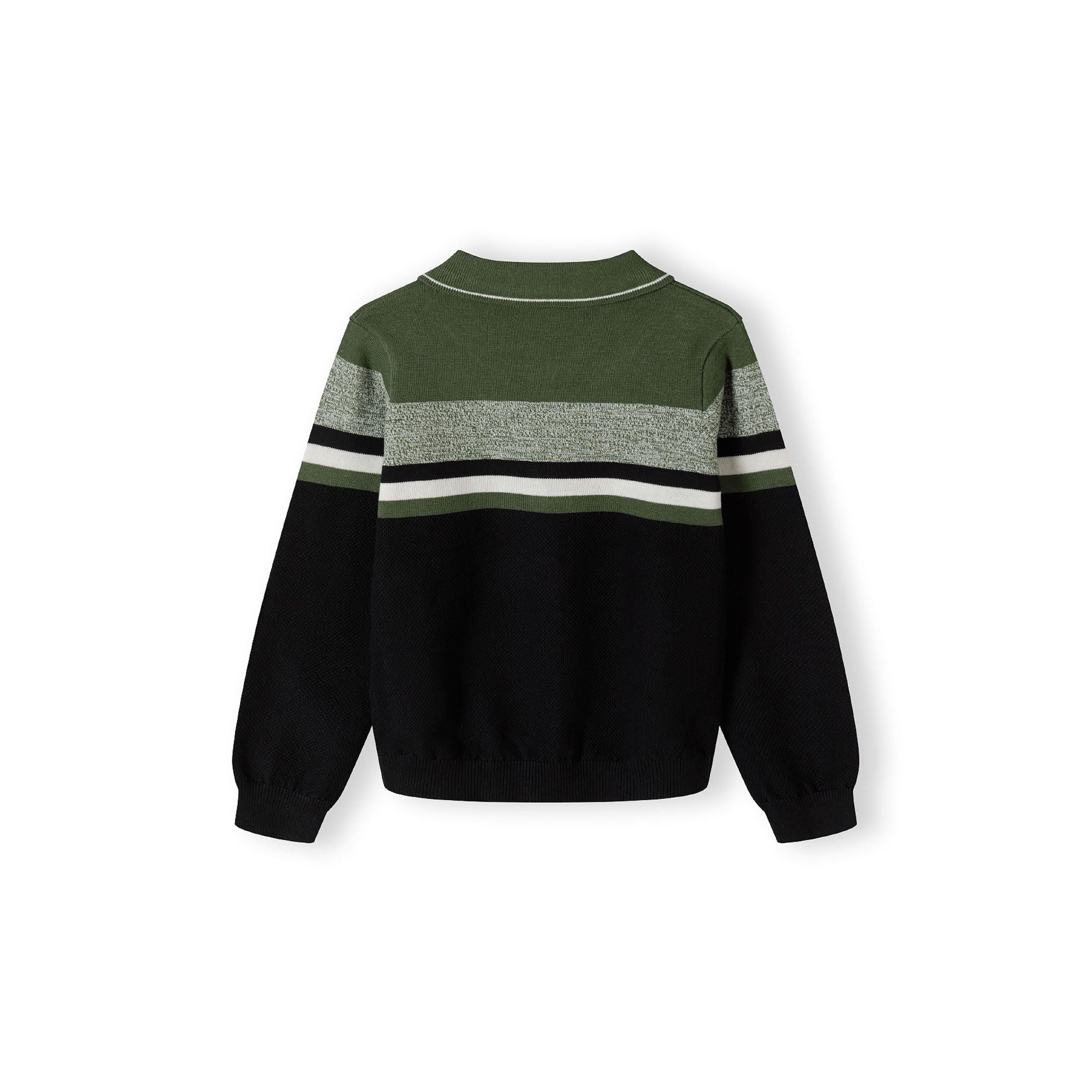 Back view of khaki striped polo jumper showing horizontal stripe pattern and ribbed construction on white background