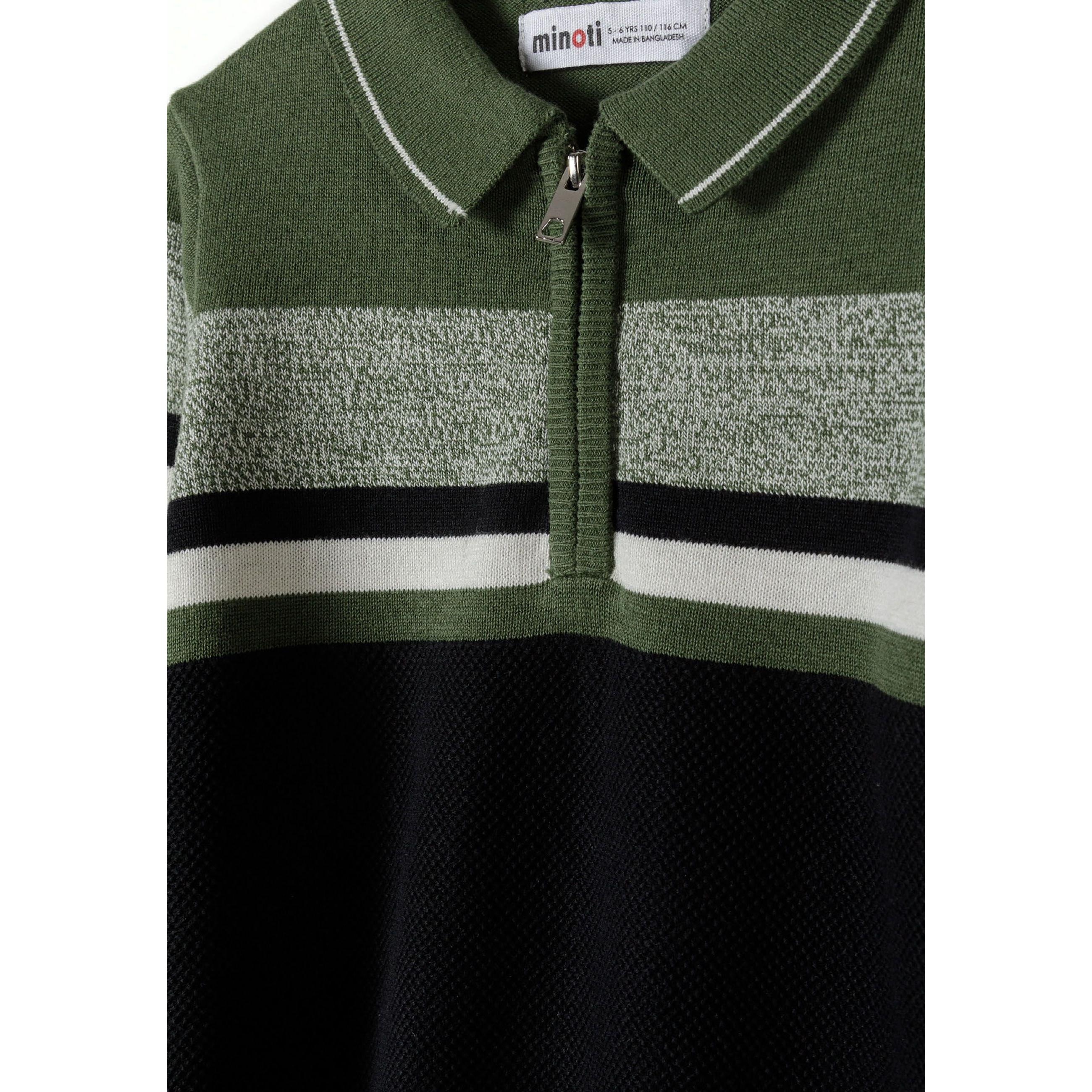 Close-up detail of polo collar and quarter zip with Minoti brand label visible, showing khaki and grey stripe detail