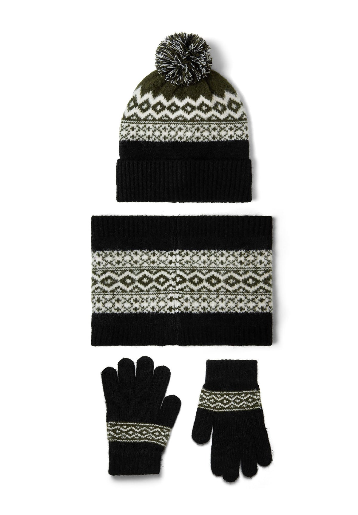Black, khaki green and cream hat, snood and gloves set, complete three piece set.