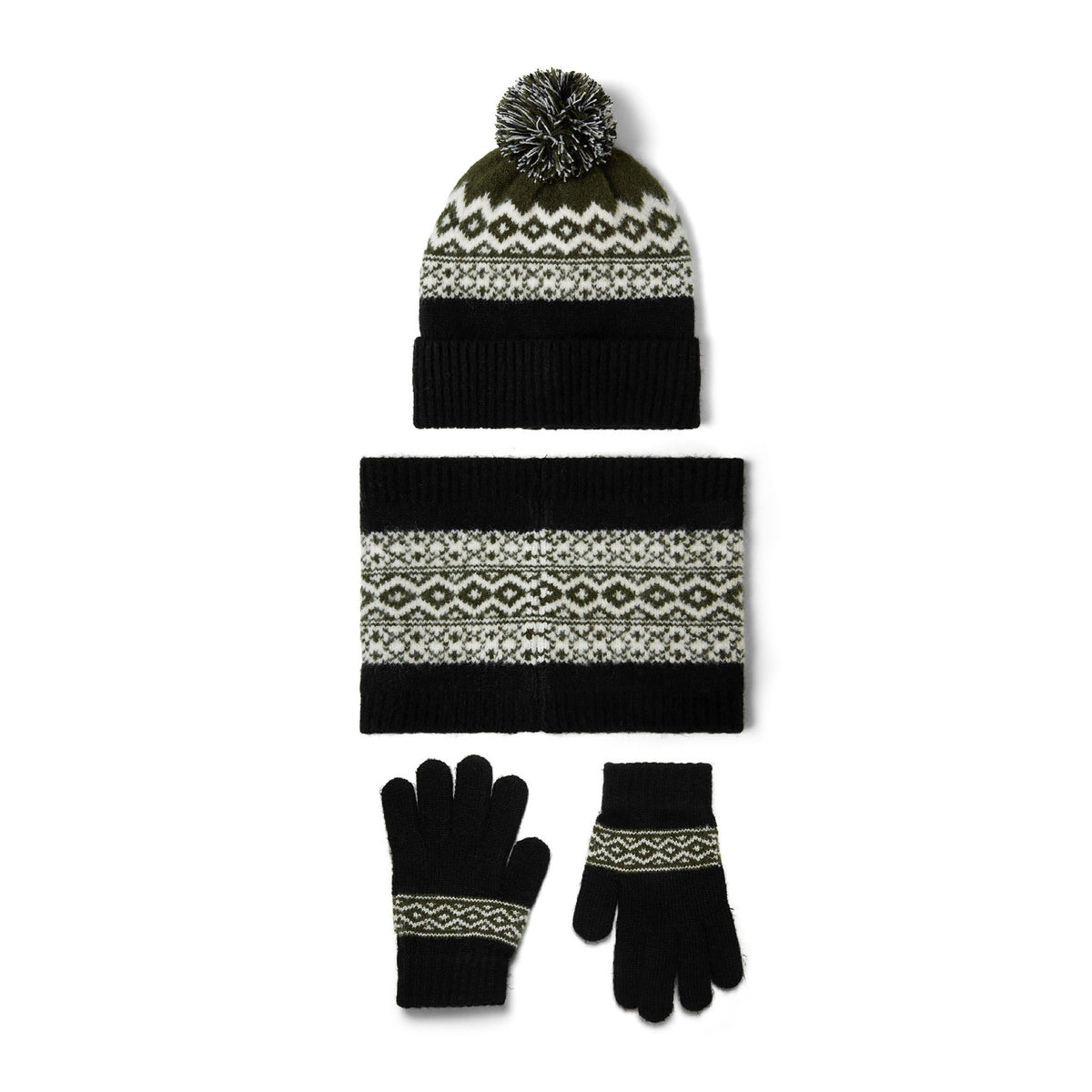 Boys' hat, snood and gloves set in black, khaki green and cream — complete product view for square Shop card