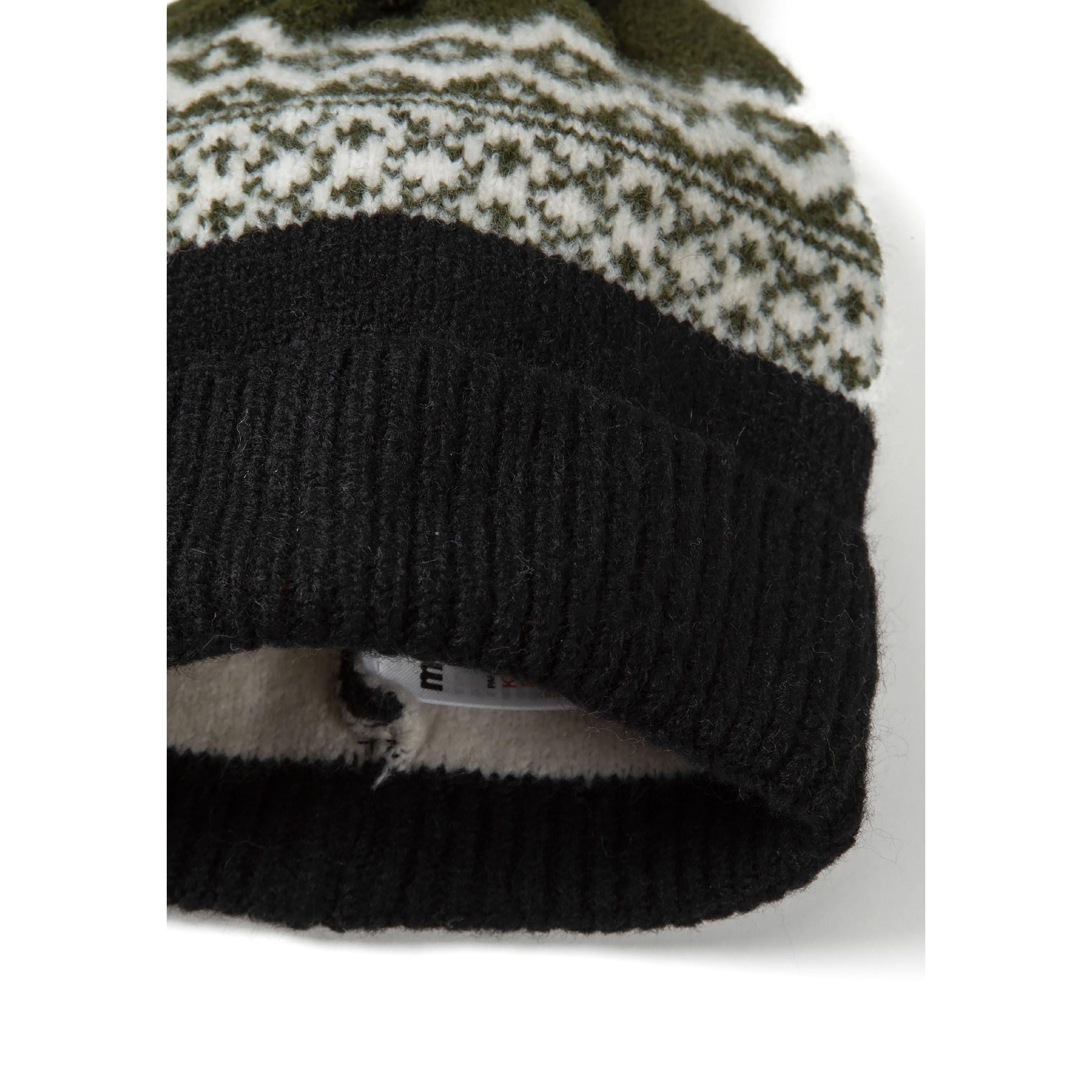 Snood shown in circular tube shape displaying the fair isle knit pattern with black interior lining visible