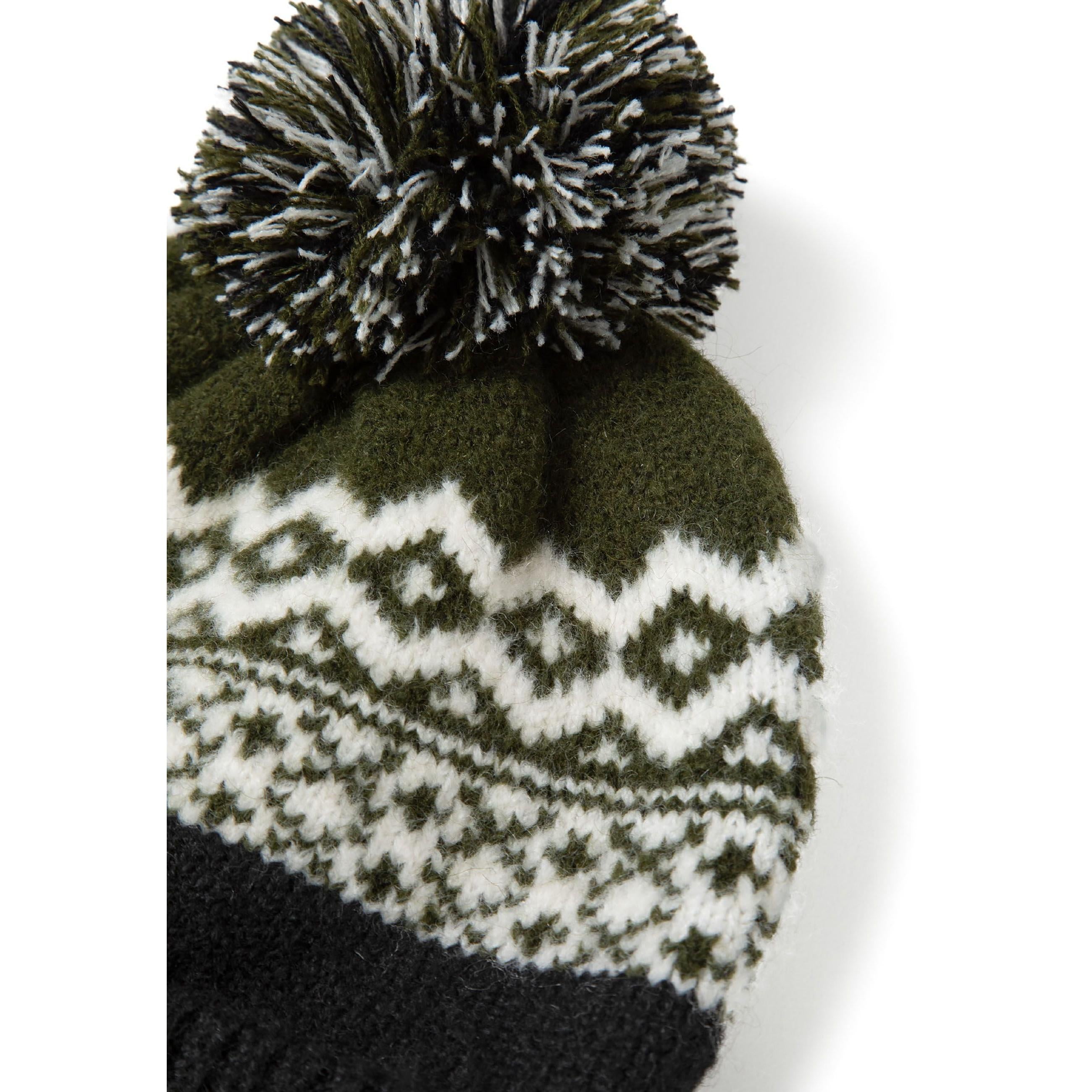 Close-up detail of black and cream fair isle knit pattern on hat with textured pom pom showing diamond and geometric designs