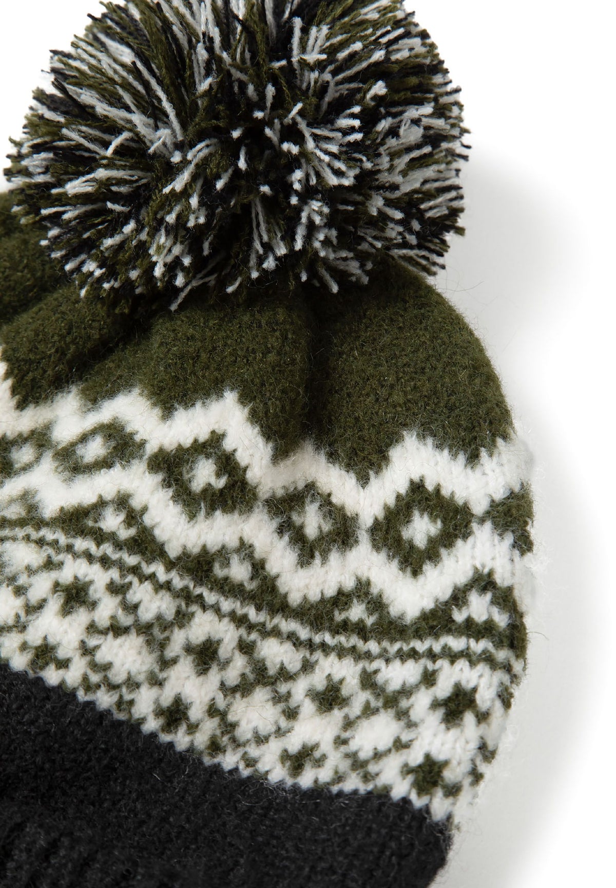 Black, khaki green and cream hat, snood and gloves set, pompom and patterned knit.