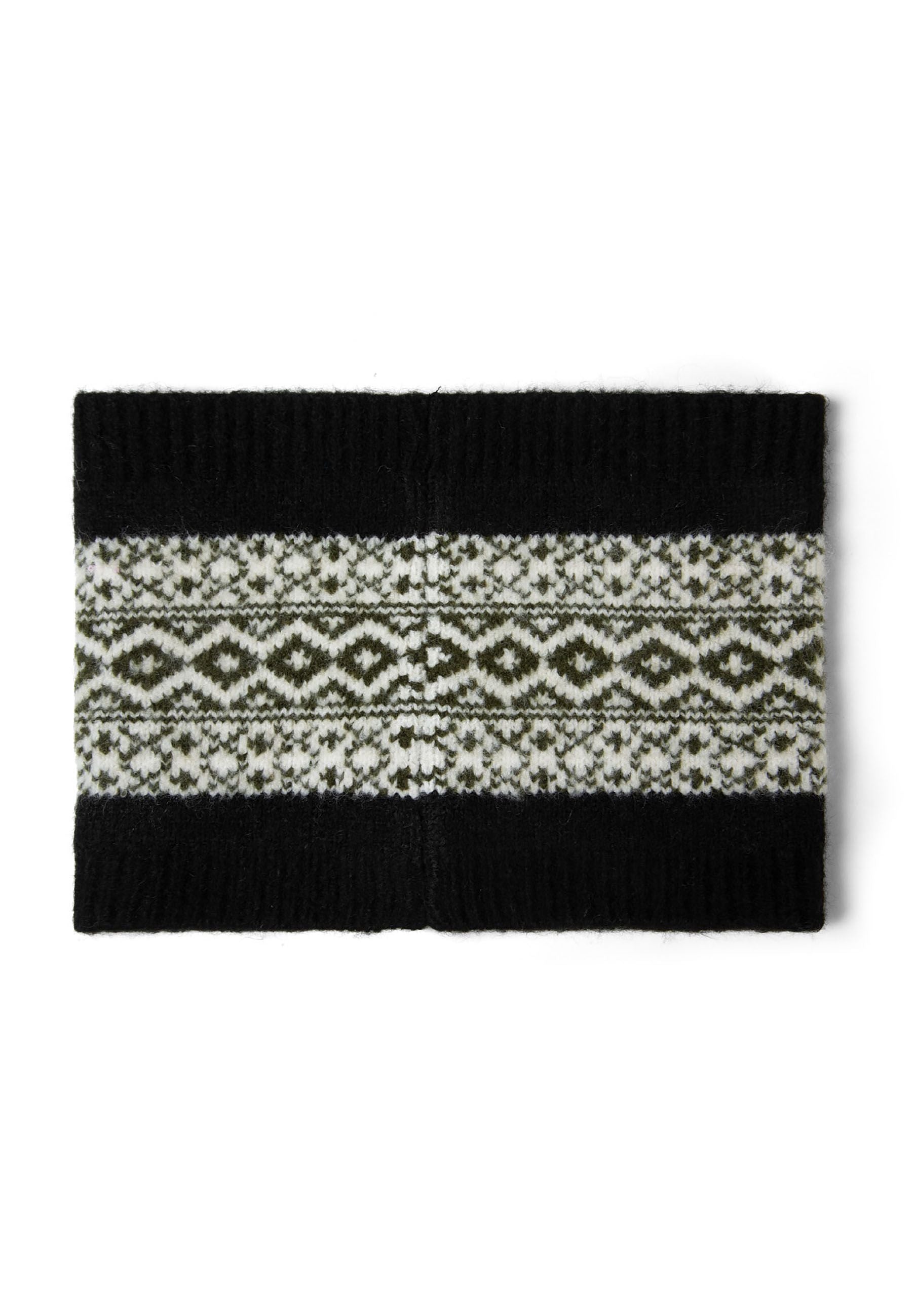 Detail of a black knit snood with fair isle pattern in green and white.