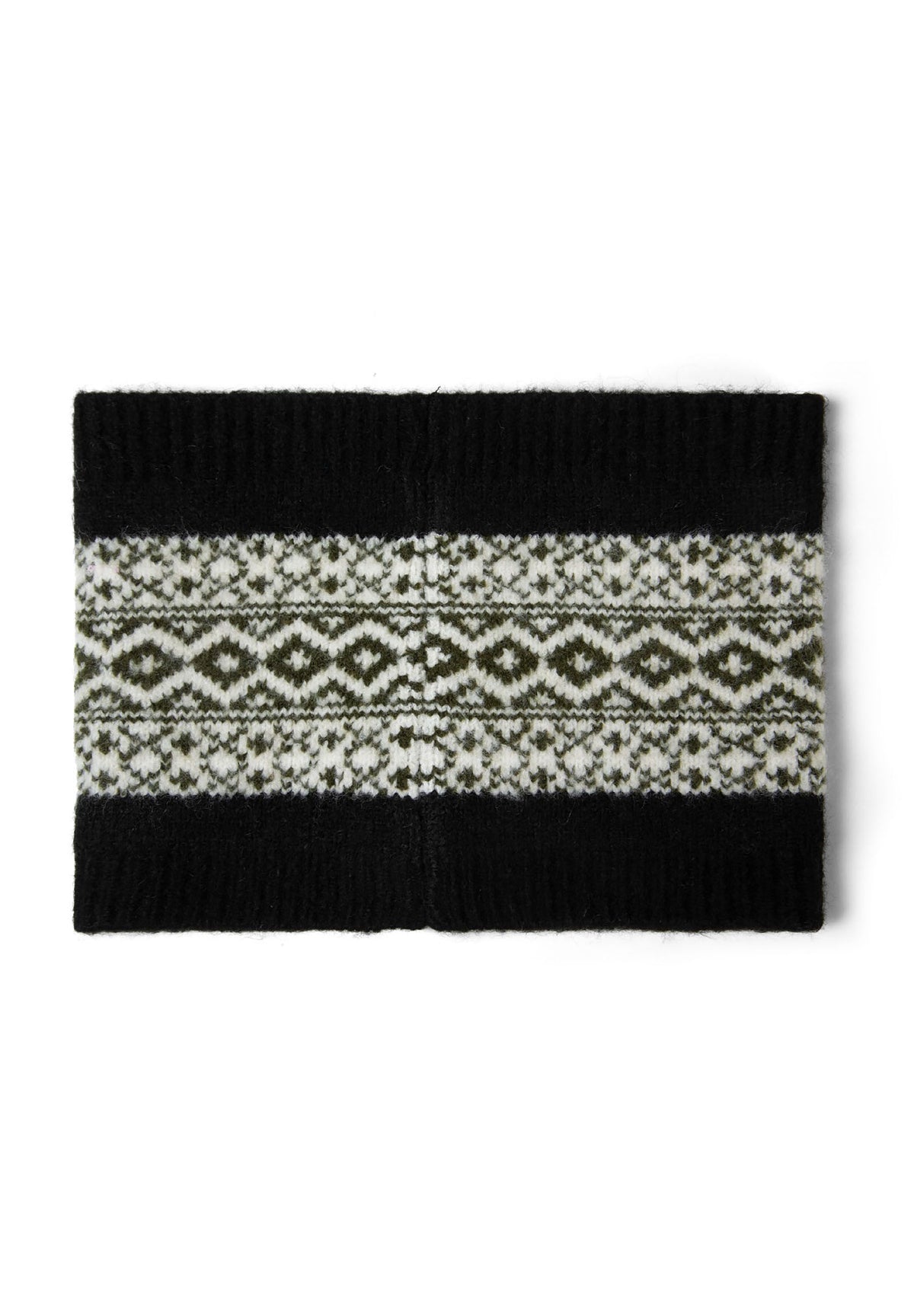 Black, khaki green and cream hat, snood and gloves set, snood laid flat.