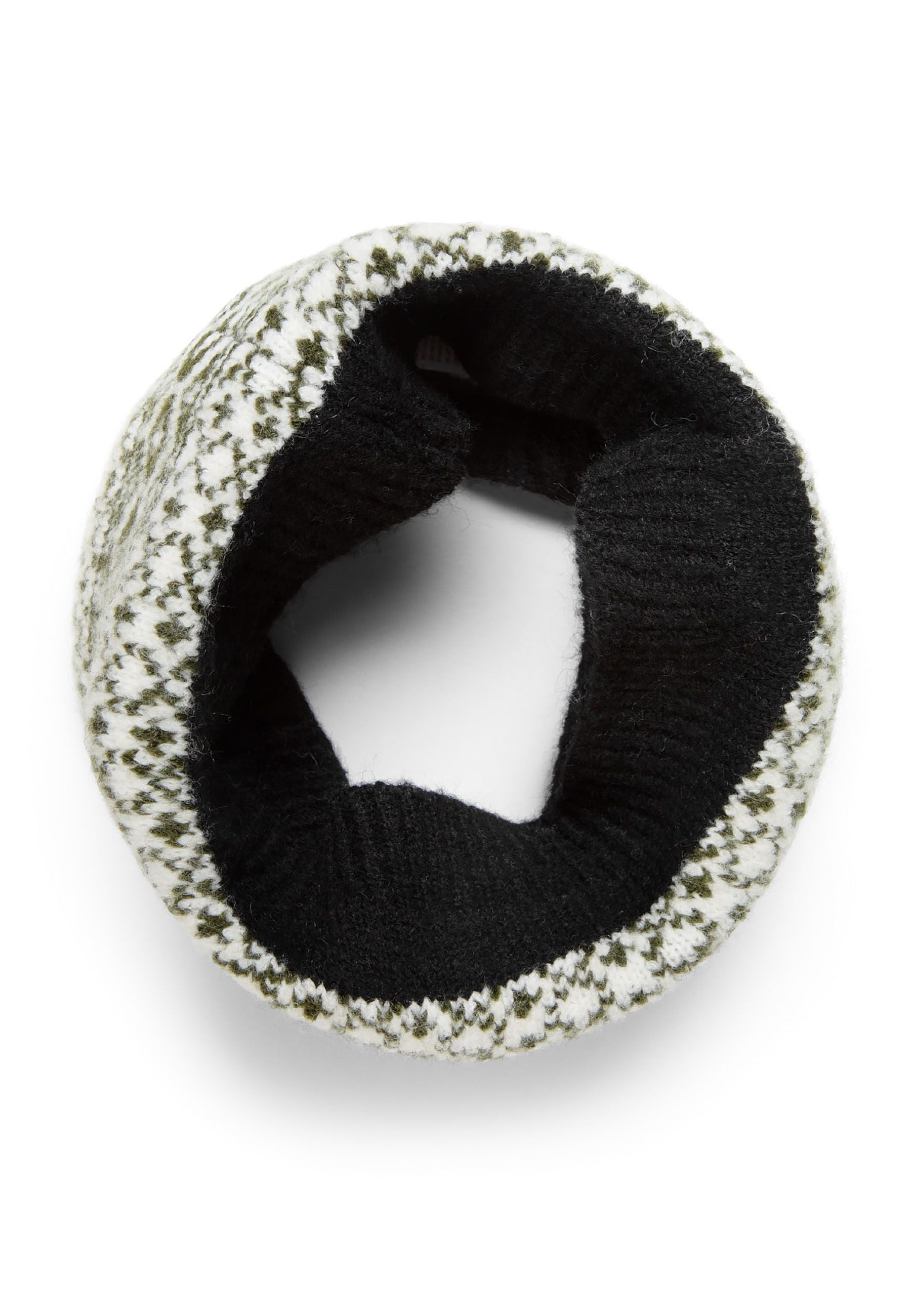 Detail of a black knit snood with a fair isle pattern and ribbed edges.