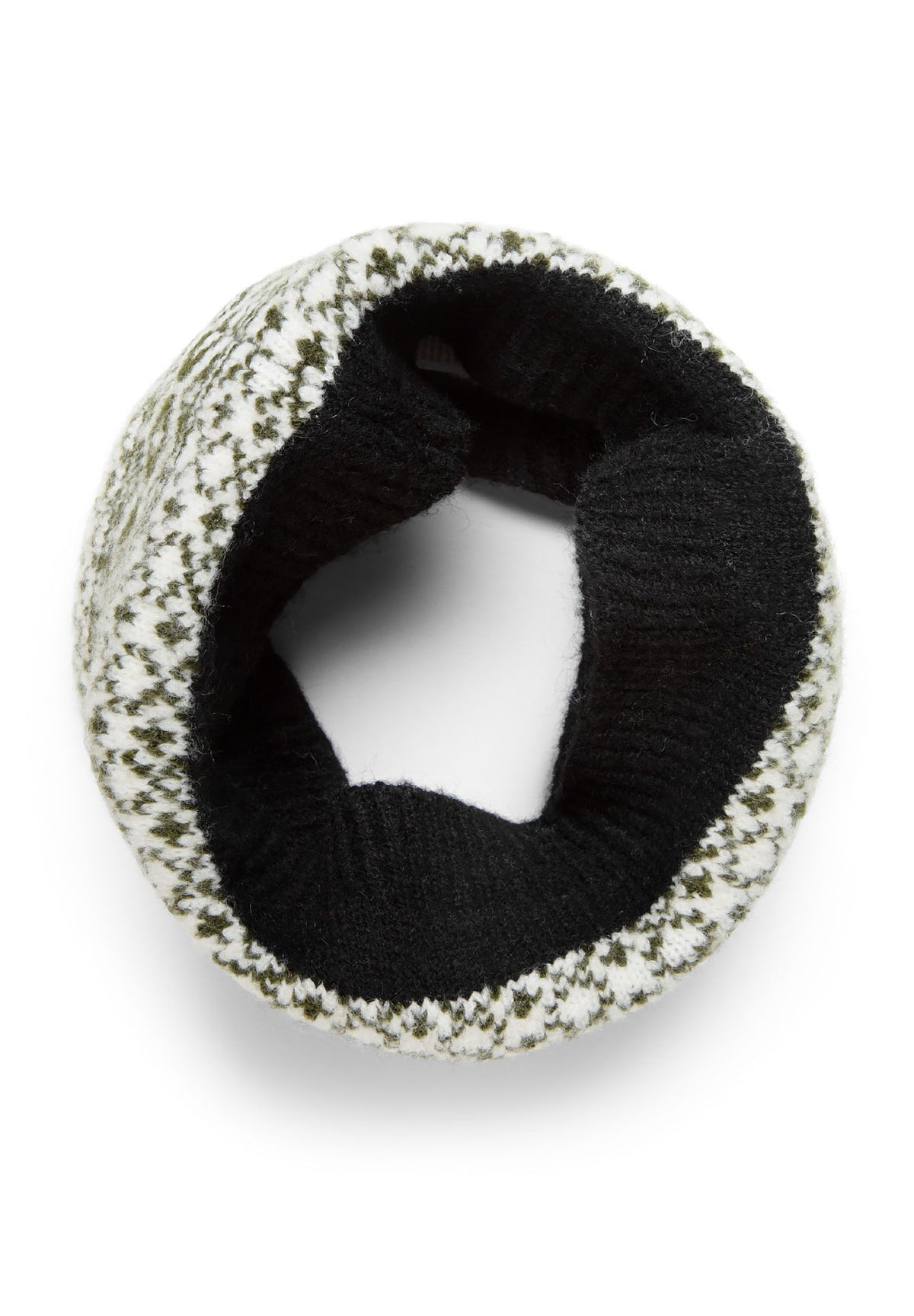 Black, khaki green and cream hat, snood and gloves set, snood loop.