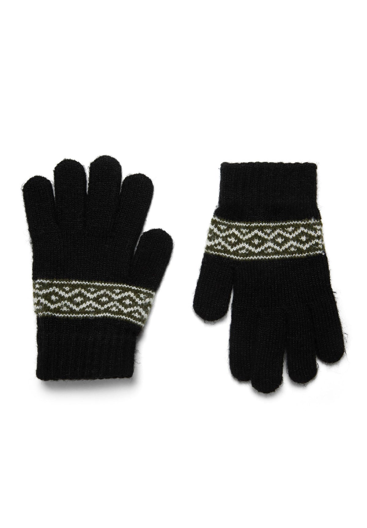 Pair of black full-finger knit gloves with cream-and-khaki wrist patterns.
