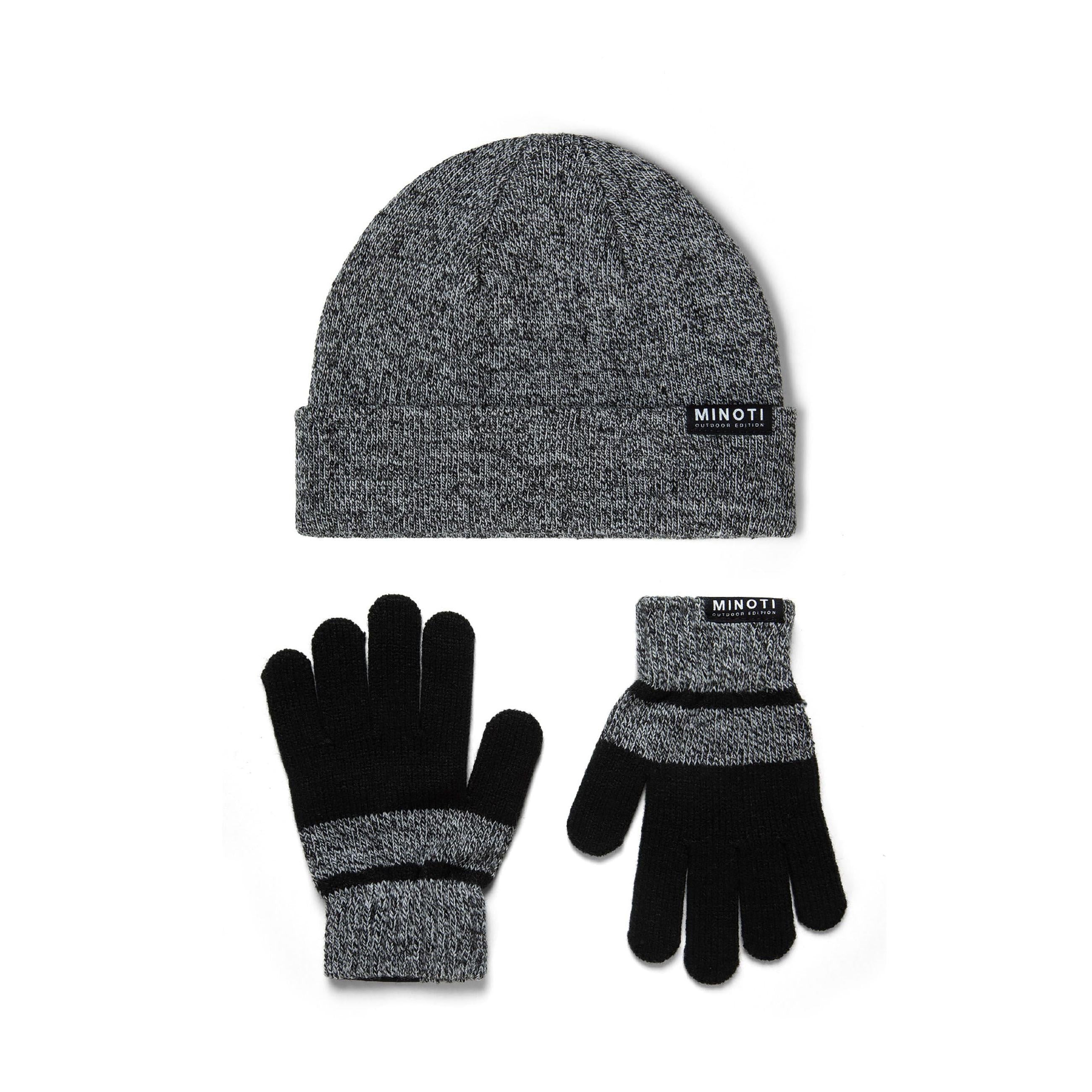Grey knitted beanie and gloves set displayed on white background, showing marl texture and Minoti badge details on both pieces