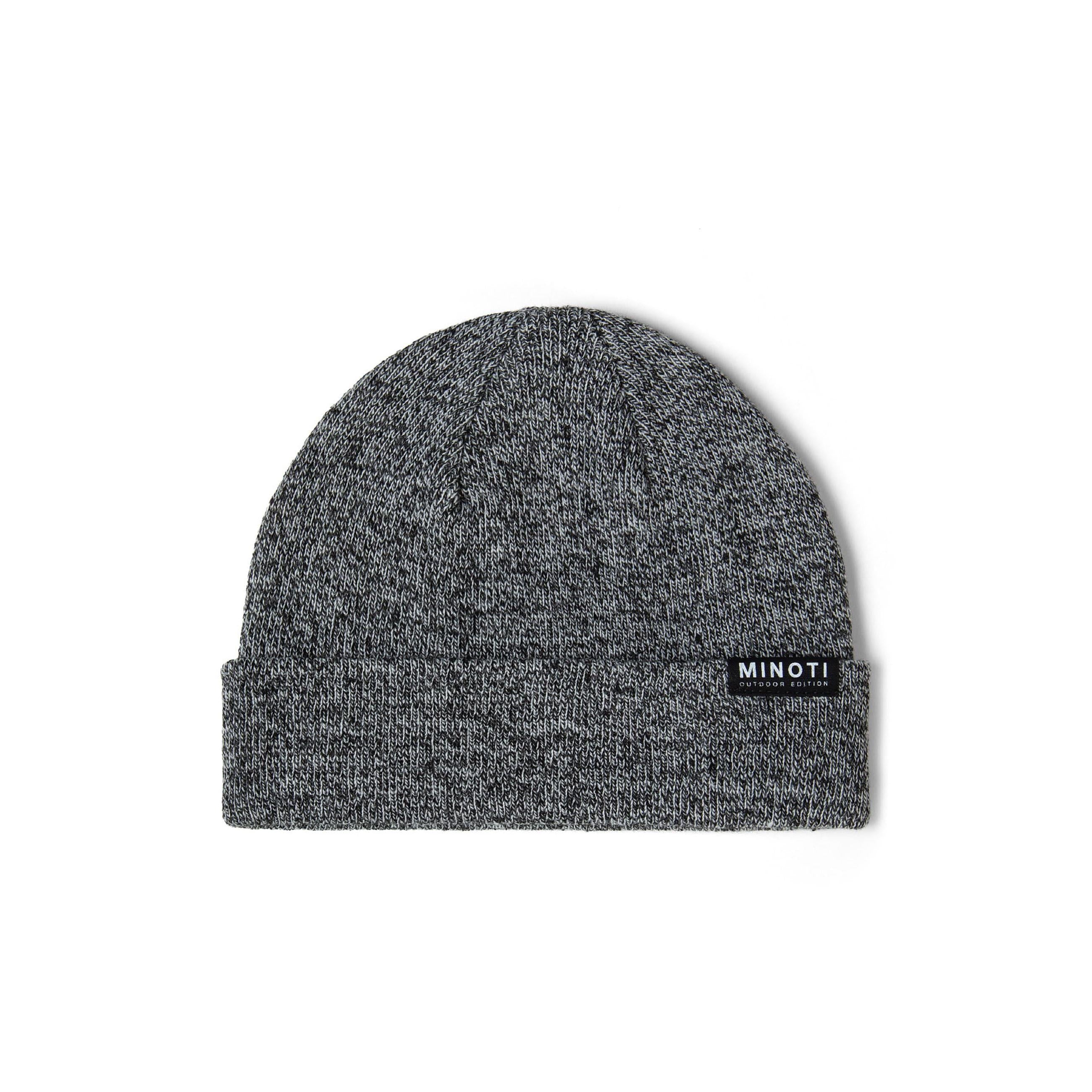 Close-up detail of grey knitted beanie showing ribbed cuff and black Minoti Outdoor Edition label