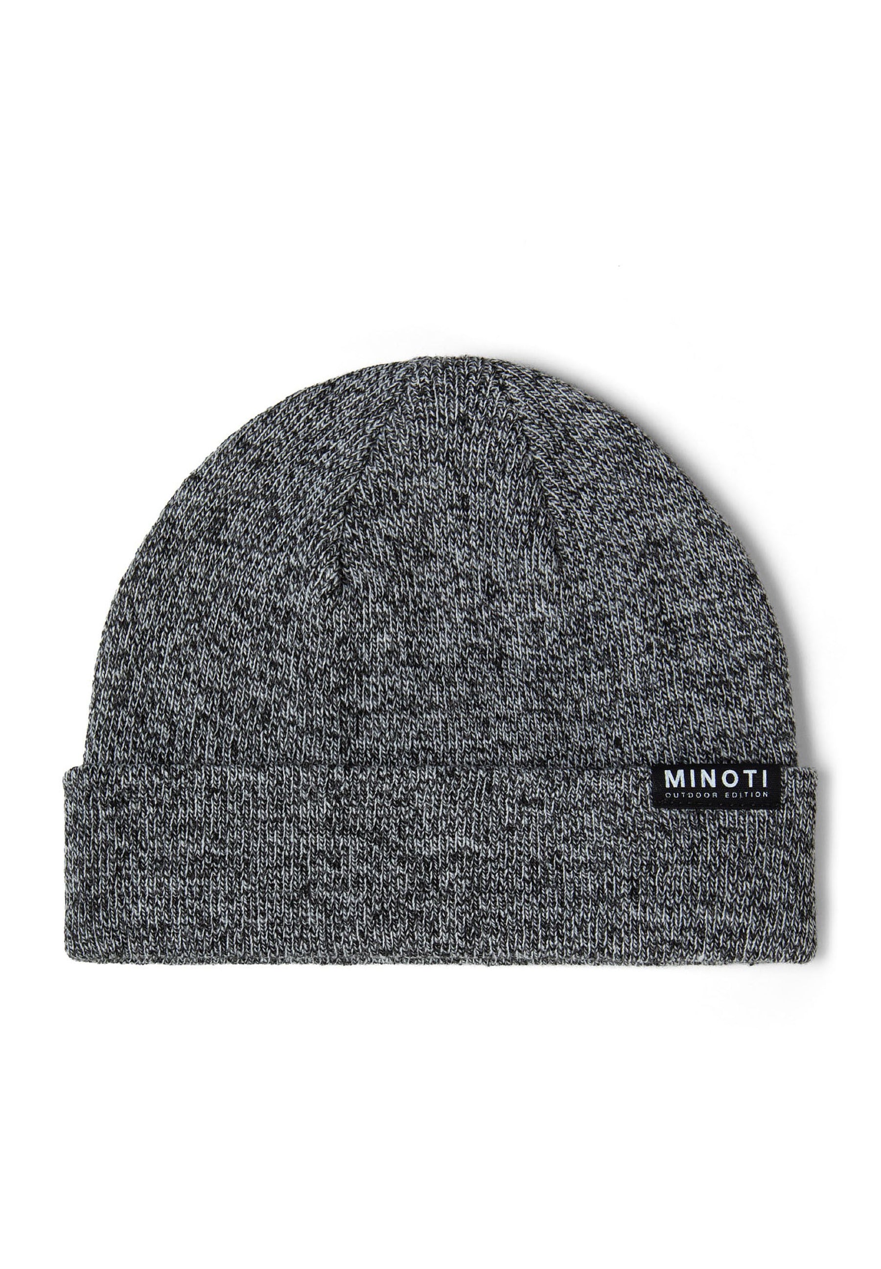 Boys knitted beanie in grey with ribbed cuff and badge detail, front view.