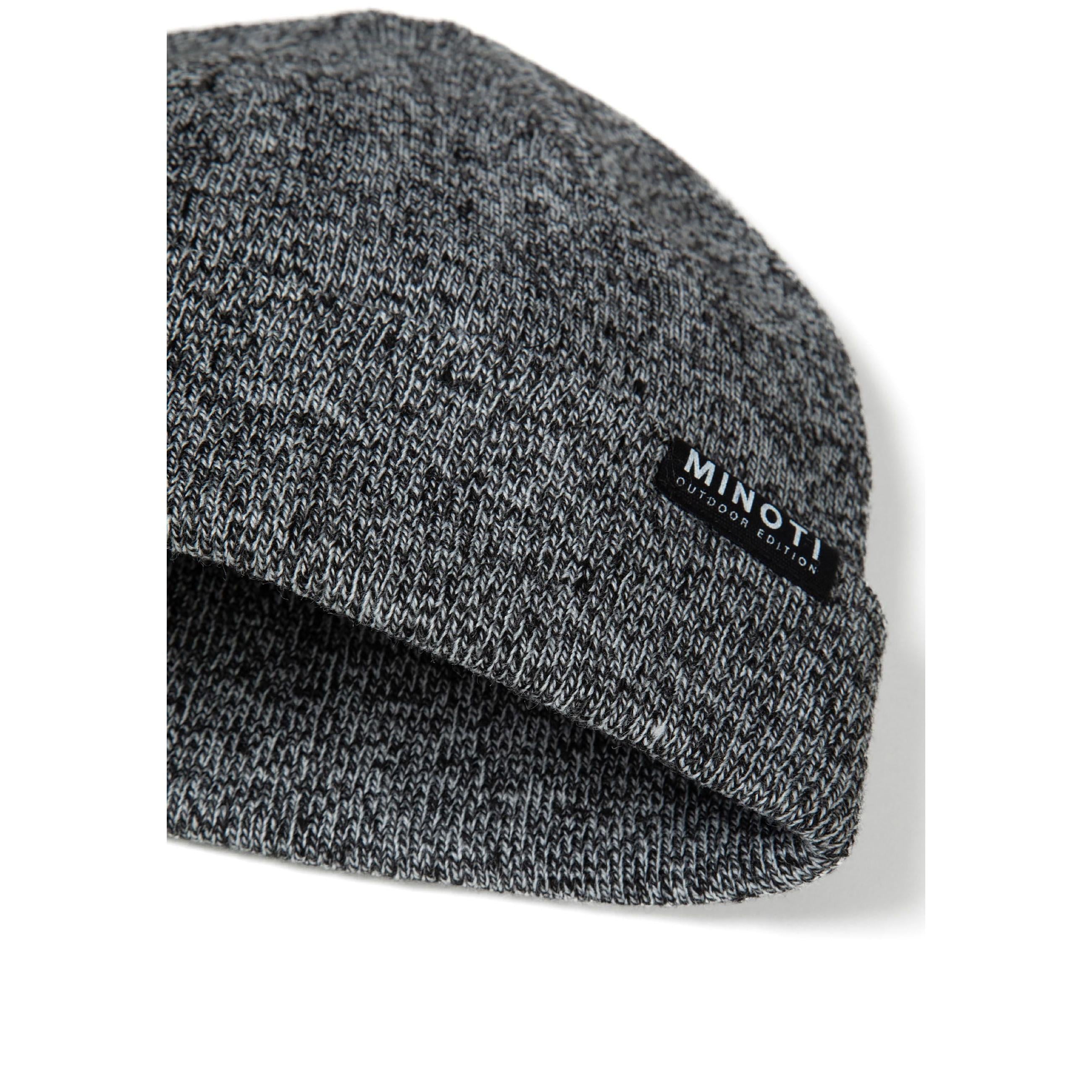 Pair of grey and black knitted gloves showing striped pattern and Minoti branding on cuffs