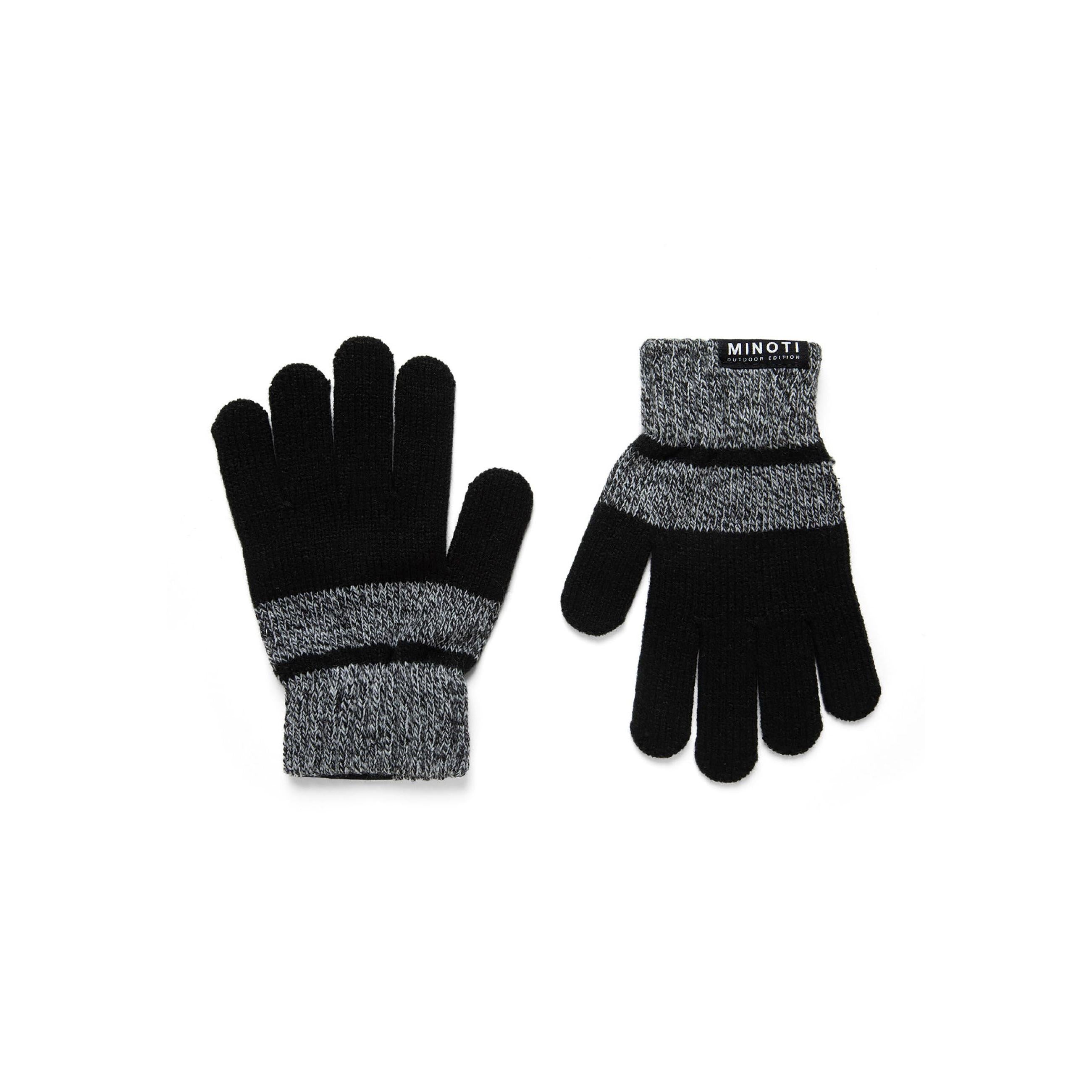 Pair of grey and black knitted gloves showing striped pattern and Minoti branding on cuffs