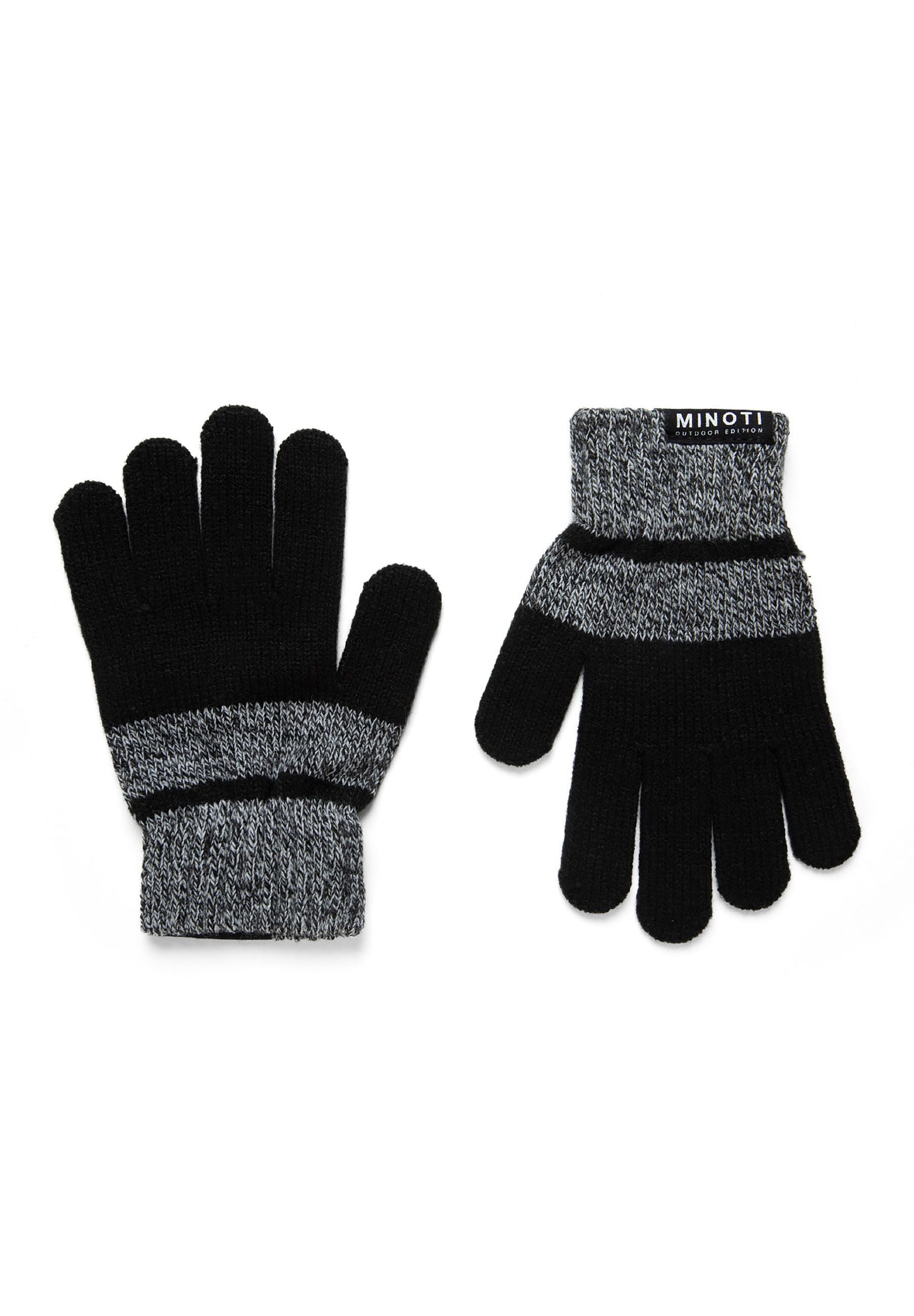 Boys knitted gloves in black and grey with ribbed cuffs, front view.