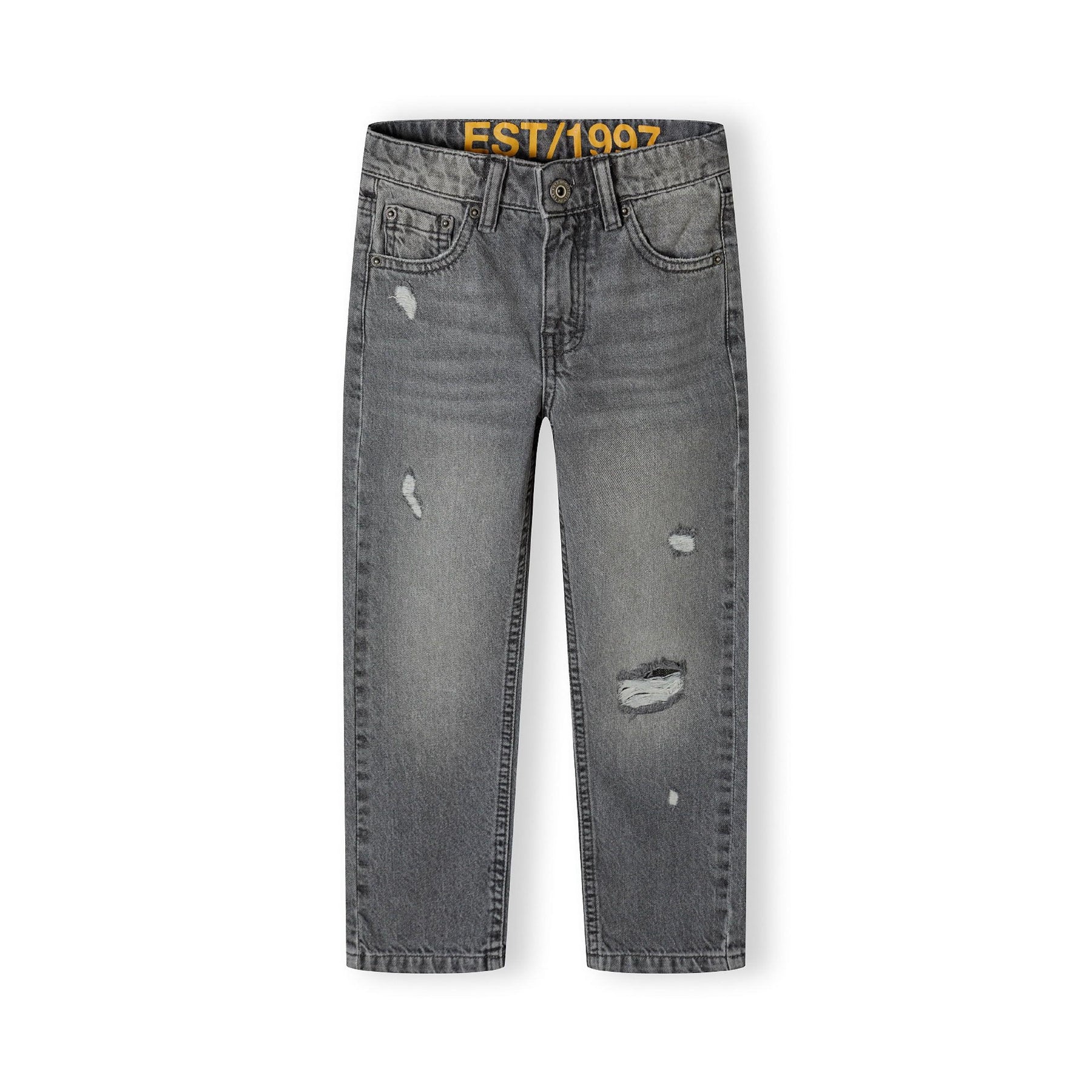Back view of grey denim jeans showing classic five-pocket construction with tan leather waistband label, laid flat against white background