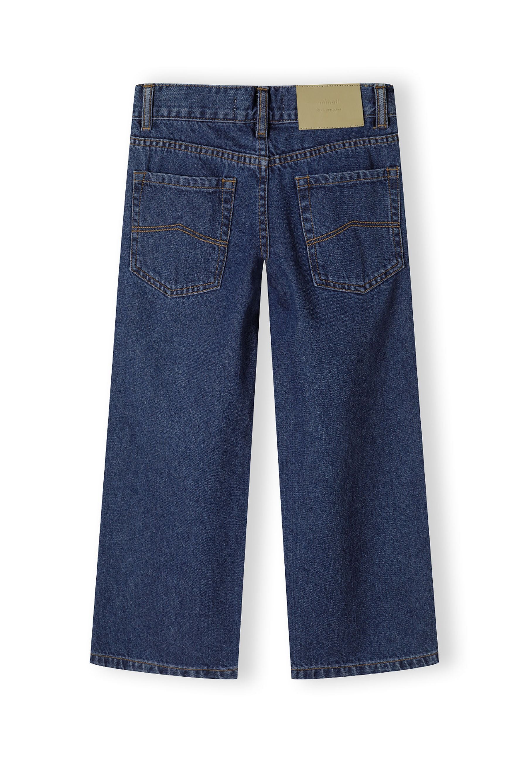 Back view of boys baggy fit denim jeans in navy with five-pocket design and branded patch.