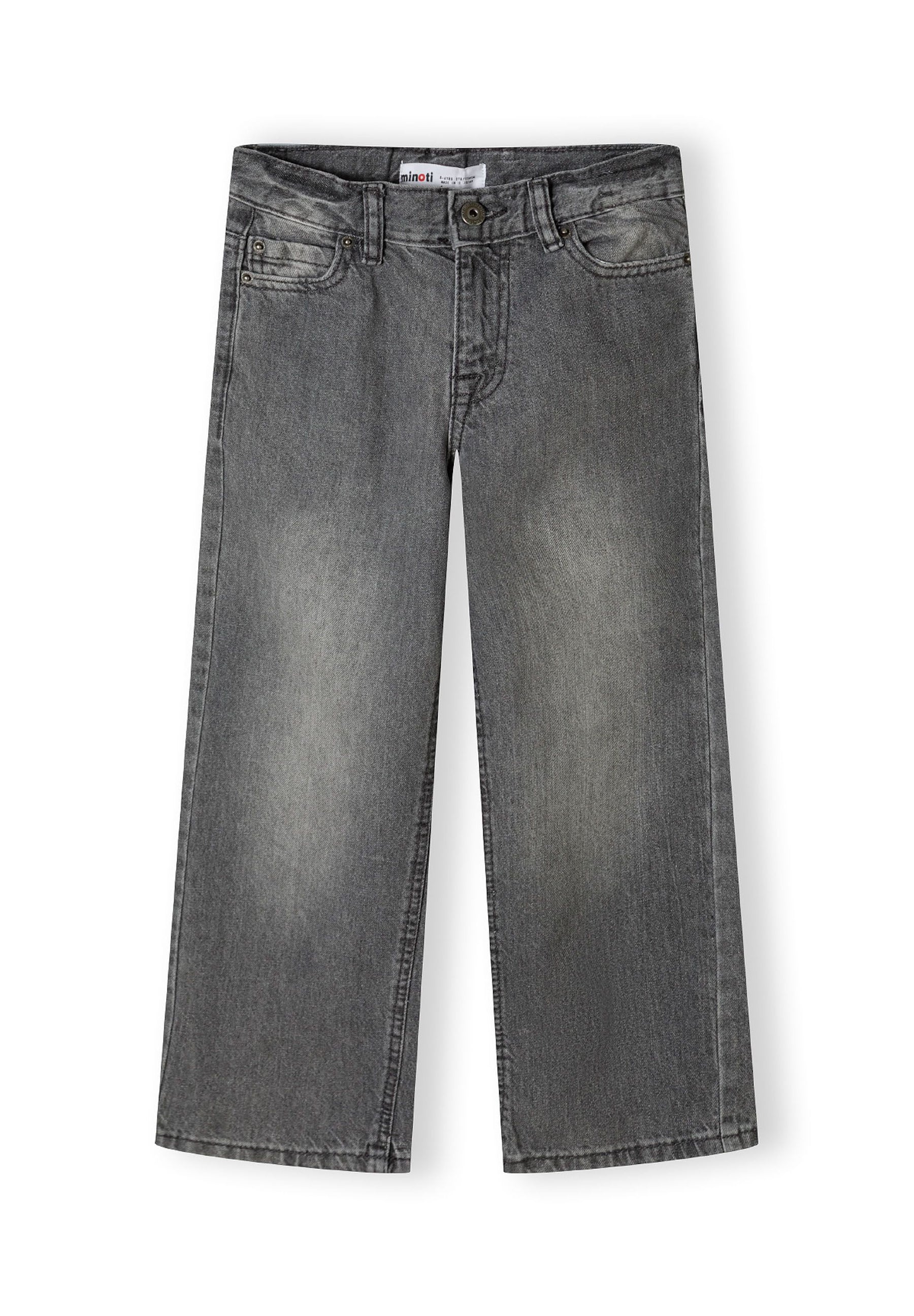 Baggy fit grey denim jeans for boys, front view with five-pocket design.