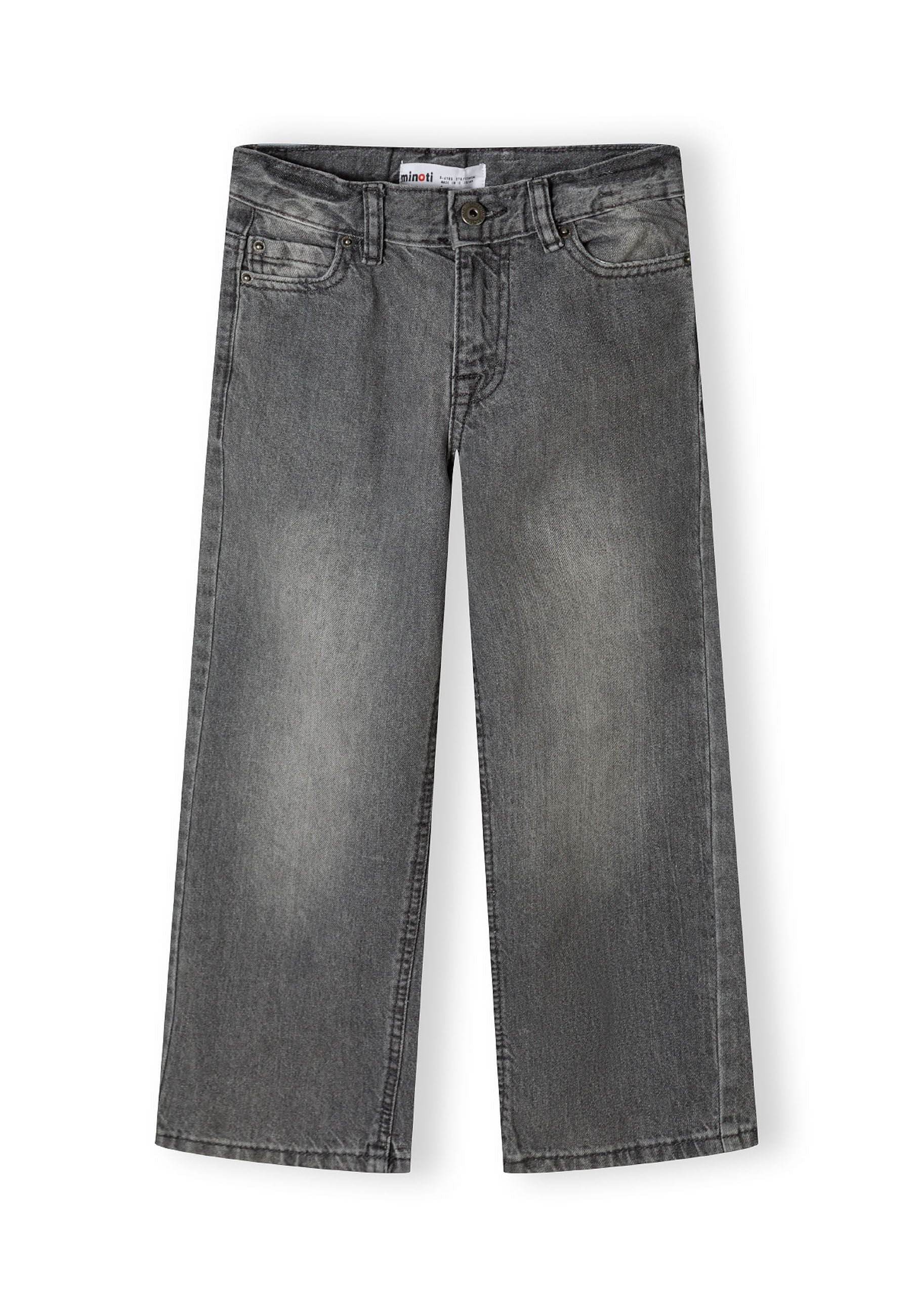 Baggy fit grey denim jeans for boys, front view with five-pocket design.