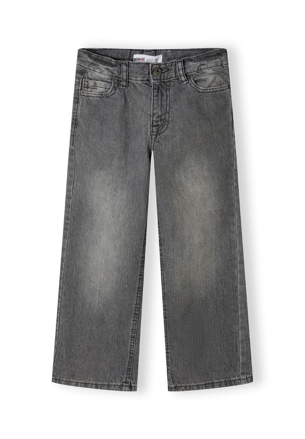 Grey wide-leg jeans, front.