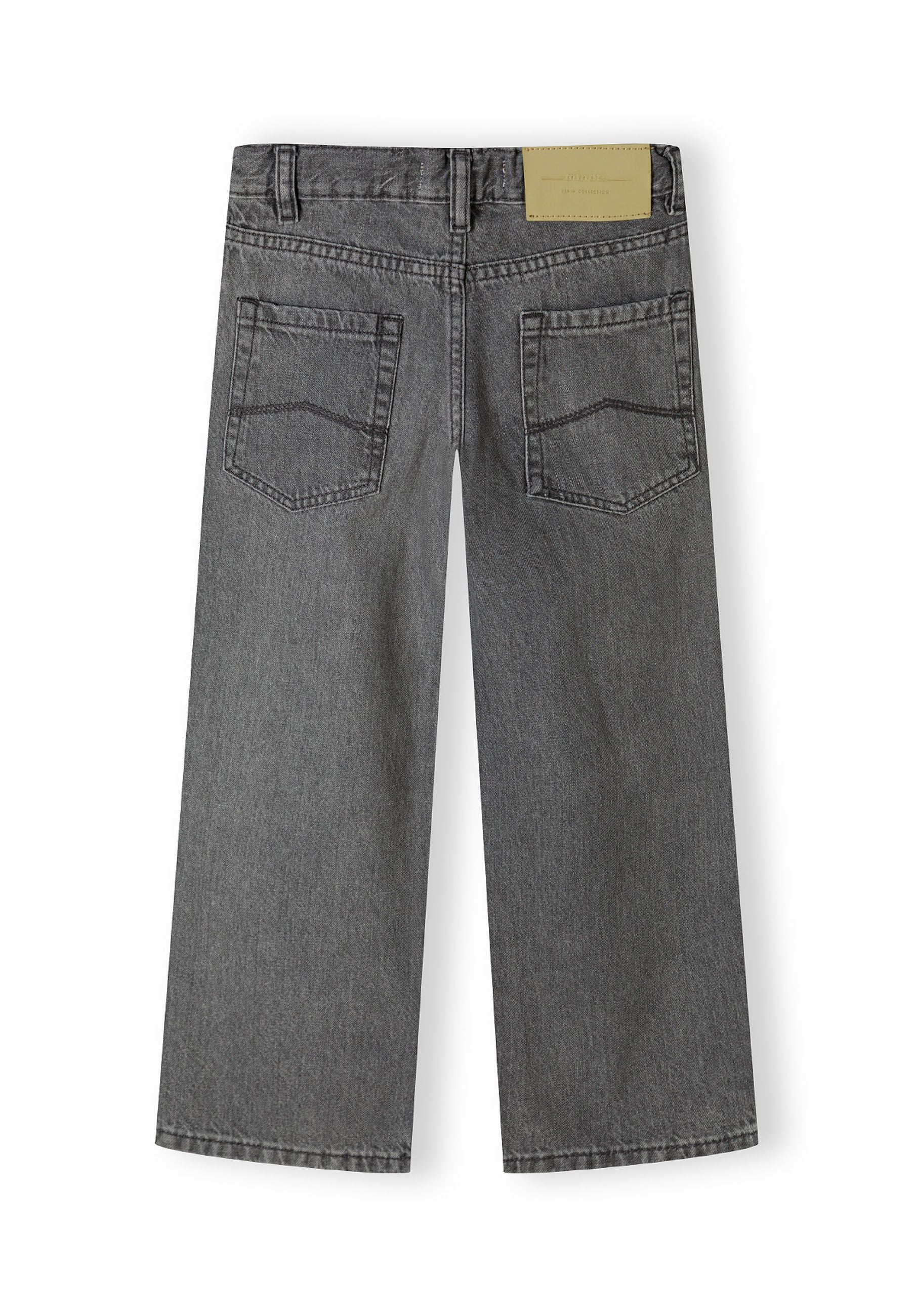 Back view of boys baggy fit grey denim jeans with two back pockets and a branded patch.