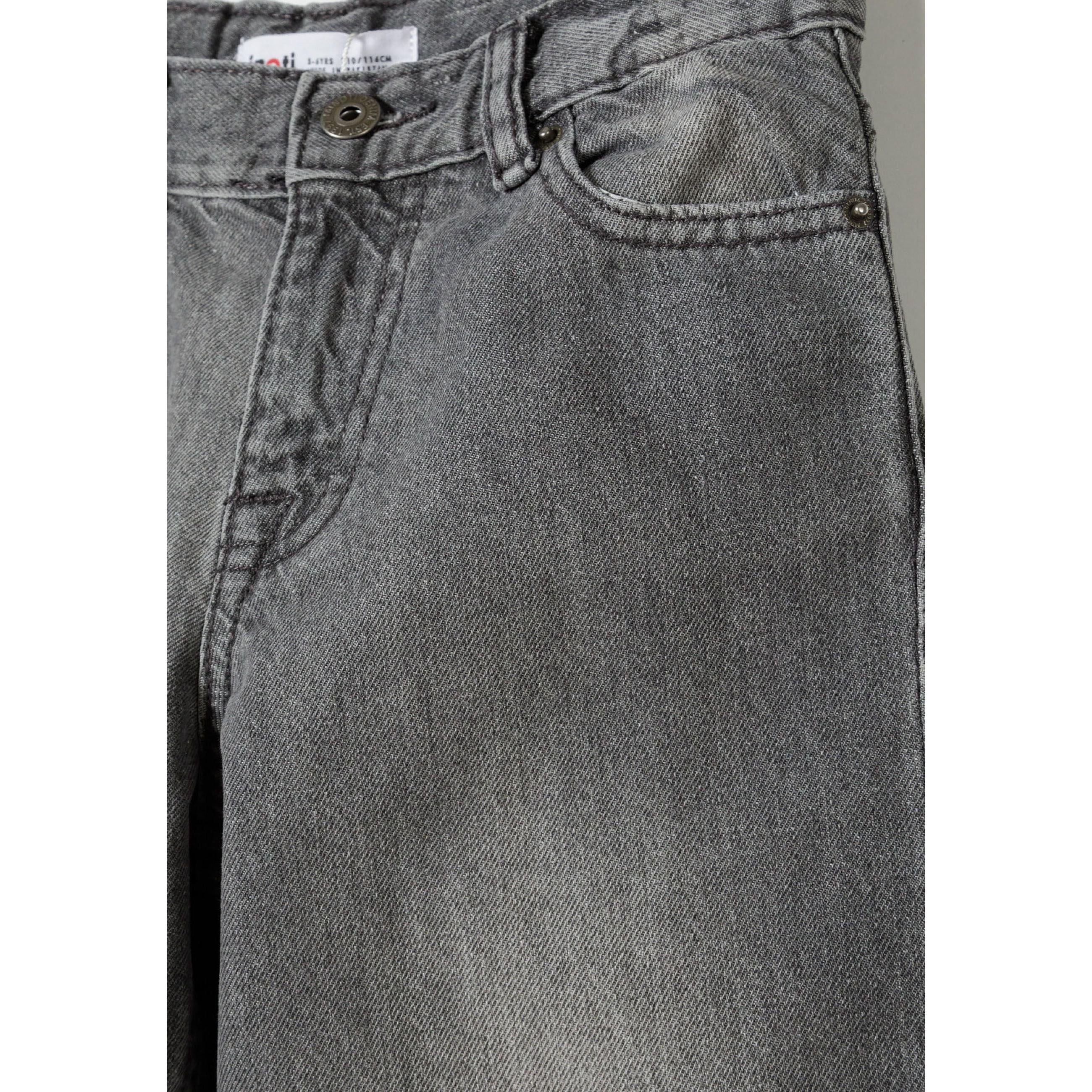 Close-up detail of grey denim texture and front pocket area showing authentic wash and stitching construction of baggy jeans